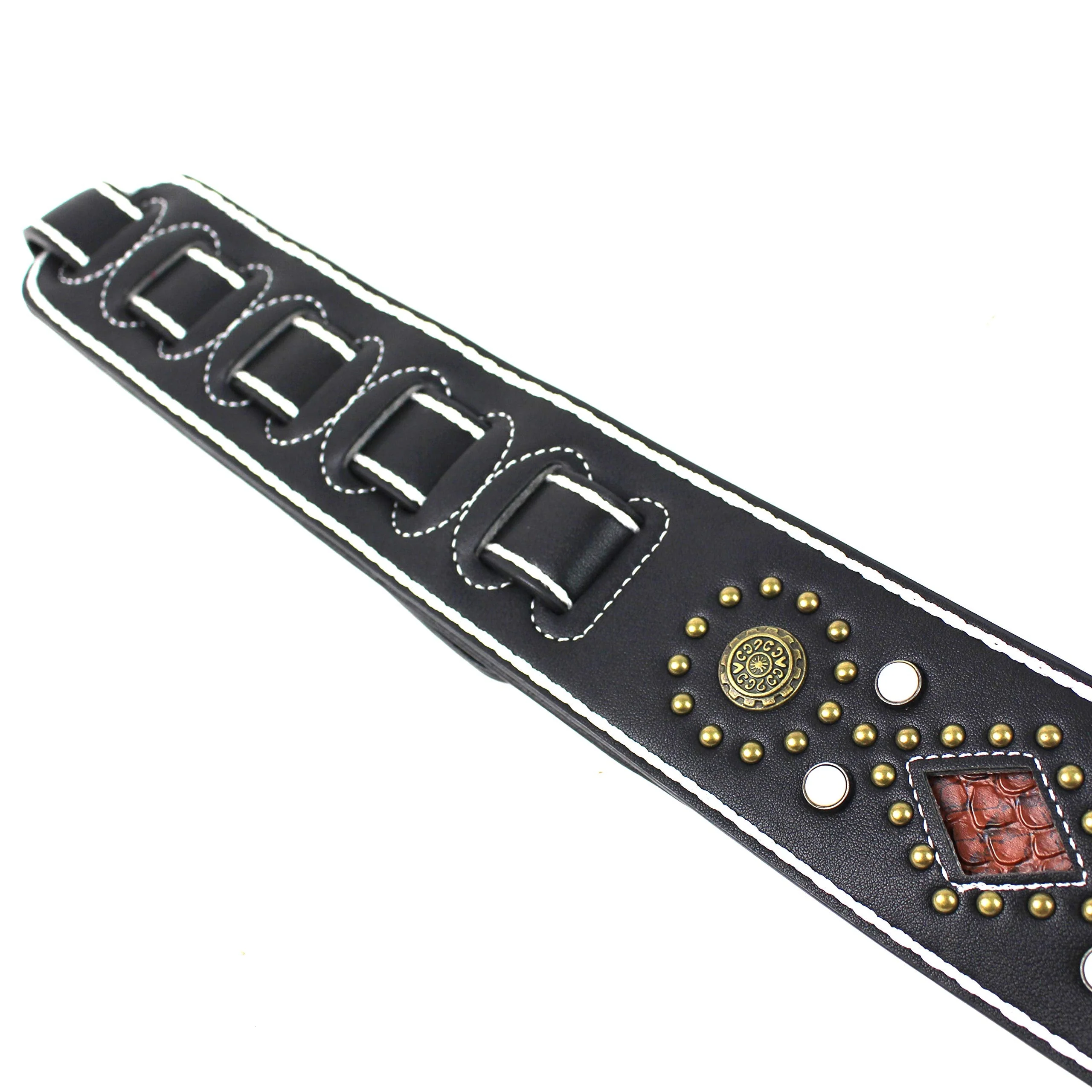 Walker And Williams GTR-20-WHT Sedona Special Premium Black Padded Guitar Strap With White Stitching Brass Studs & Rivets For Acoustic, Electric, And Bass Guitars - Image 7