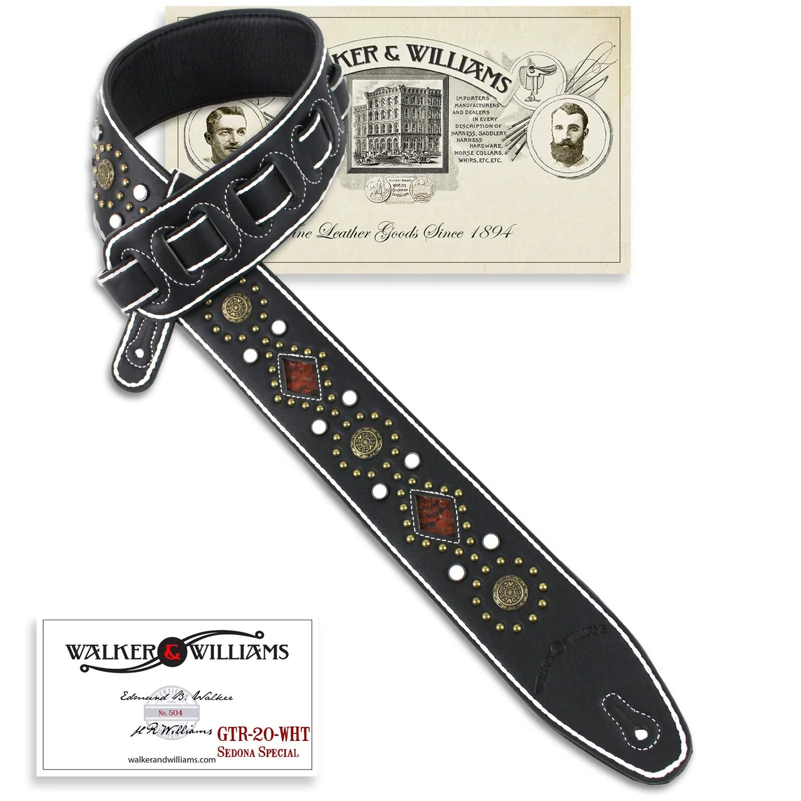 Walker And Williams GTR-20-WHT Sedona Special Premium Black Padded Guitar Strap With White Stitching Brass Studs & Rivets For Acoustic, Electric, And Bass Guitars - Image 9