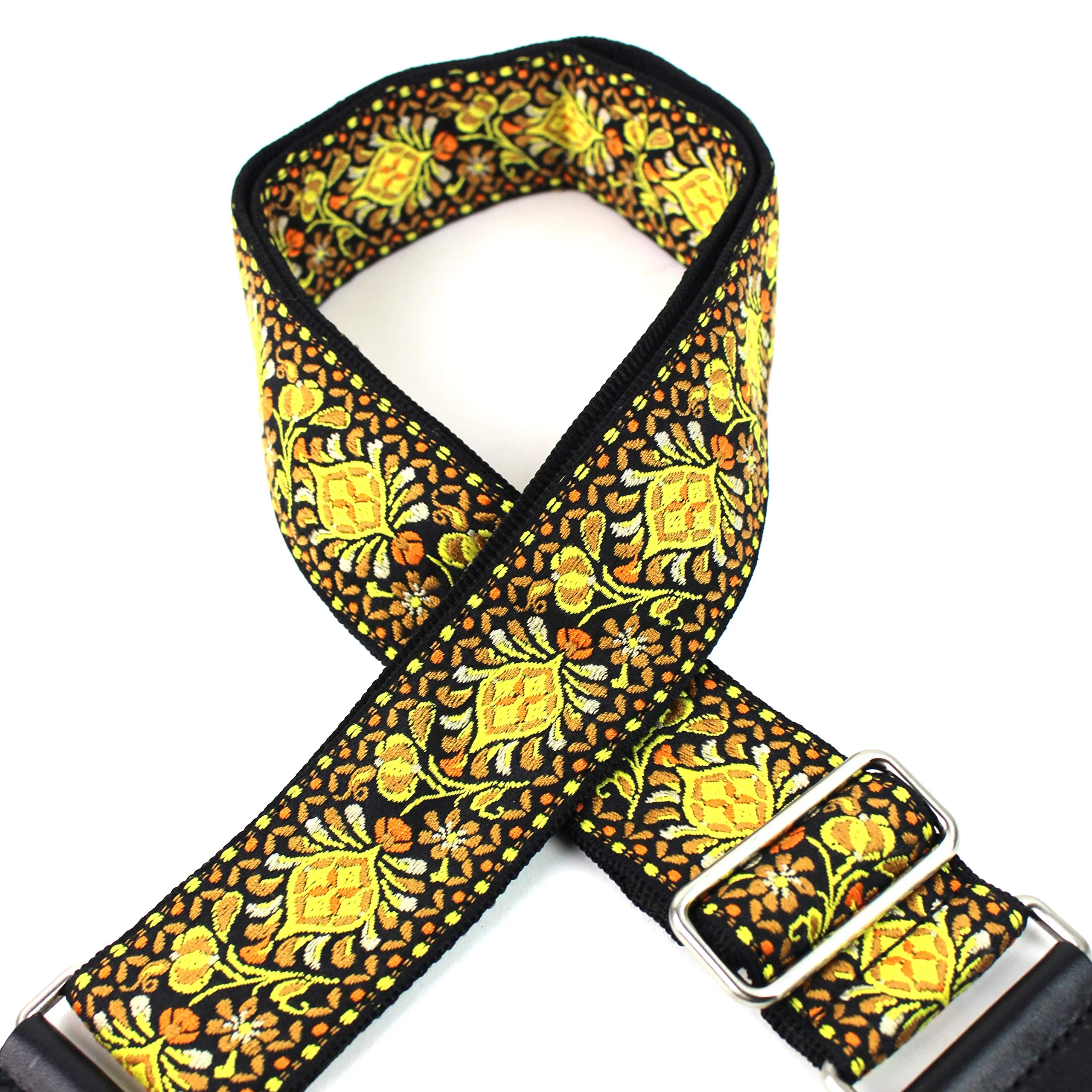 Walker And Williams H-03-MET Vintage Series Yellow & Orange Mandala Woven Guitar Strap with Brushed Nickel Hardware And Thick Leather Ends For Acoustic, Electric, And Bass Guitars - Image 2