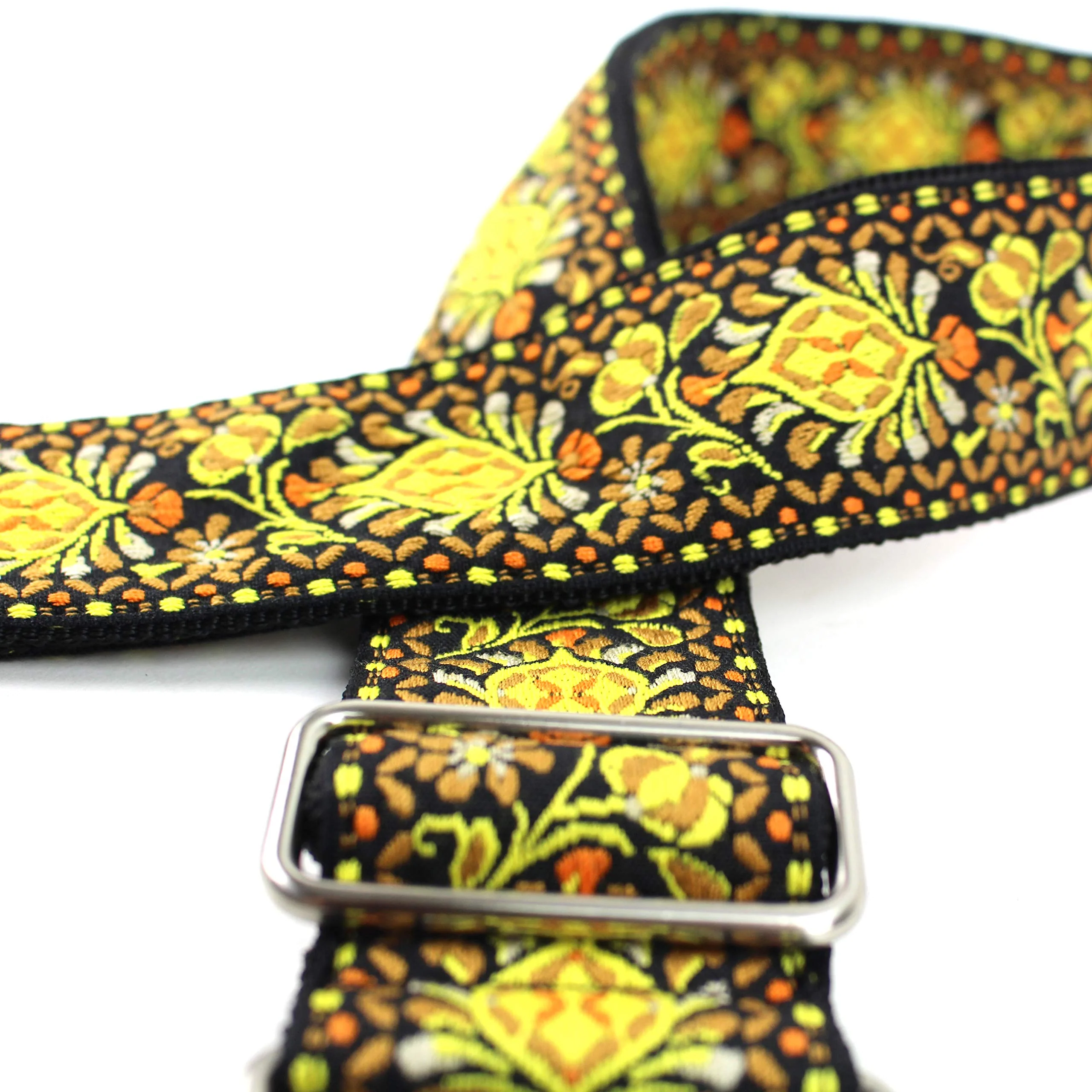 Walker And Williams H-03-MET Vintage Series Yellow & Orange Mandala Woven Guitar Strap with Brushed Nickel Hardware And Thick Leather Ends For Acoustic, Electric, And Bass Guitars - Image 3
