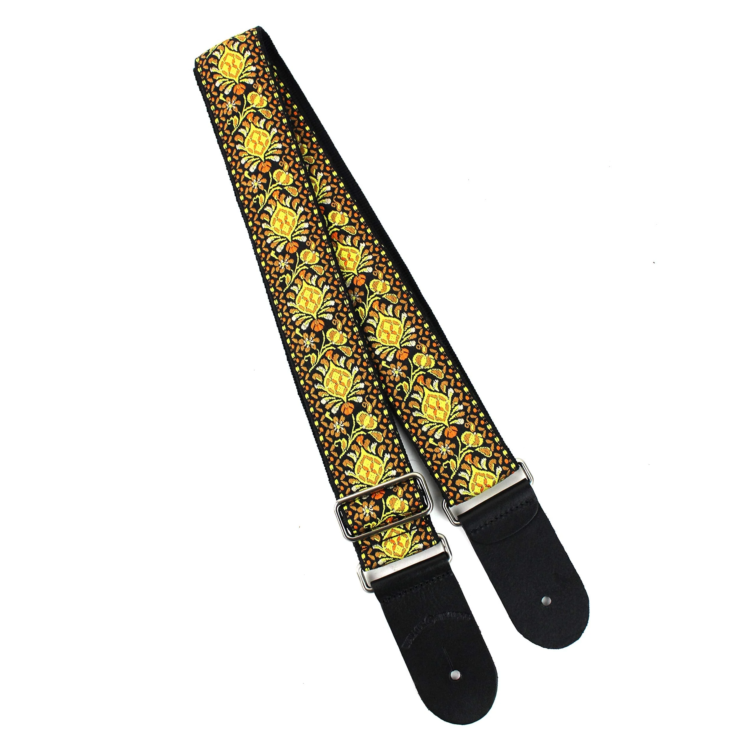 Walker And Williams H-03-MET Vintage Series Yellow & Orange Mandala Woven Guitar Strap with Brushed Nickel Hardware And Thick Leather Ends For Acoustic, Electric, And Bass Guitars - Image 4