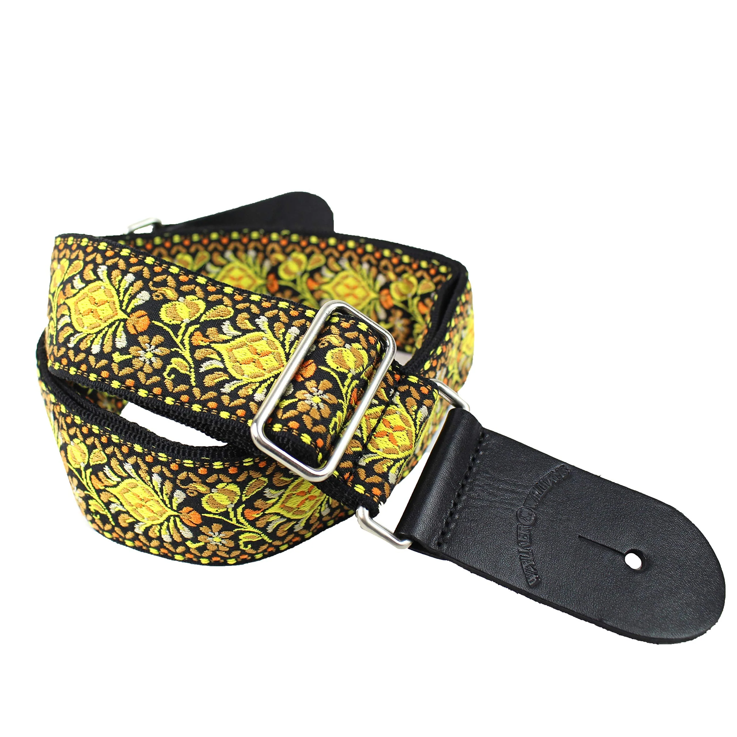 Walker And Williams H-03-MET Vintage Series Yellow & Orange Mandala Woven Guitar Strap with Brushed Nickel Hardware And Thick Leather Ends For Acoustic, Electric, And Bass Guitars - Image 7