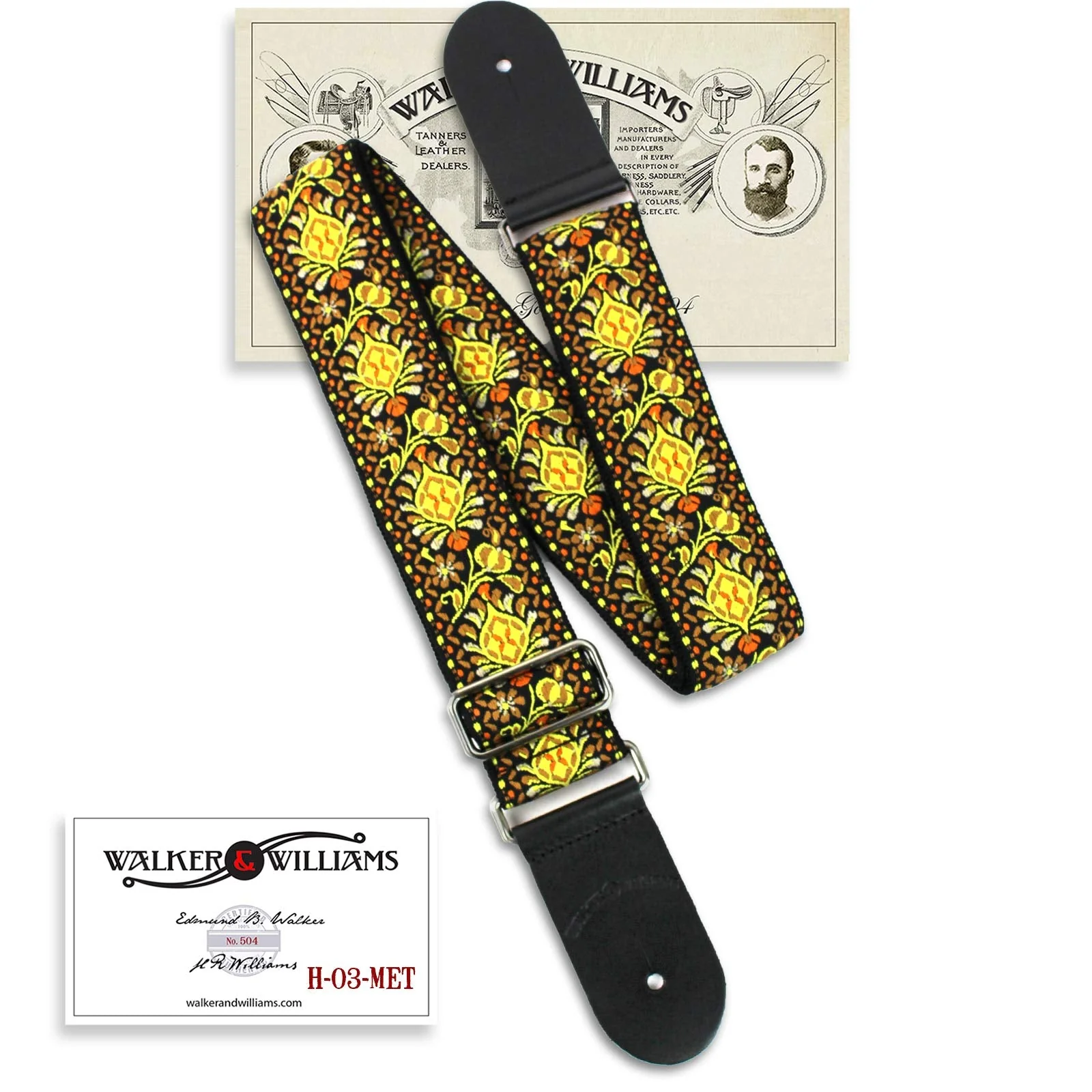 Walker And Williams H-03-MET Vintage Series Yellow & Orange Mandala Woven Guitar Strap with Brushed Nickel Hardware And Thick Leather Ends For Acoustic, Electric, And Bass Guitars - Image 8