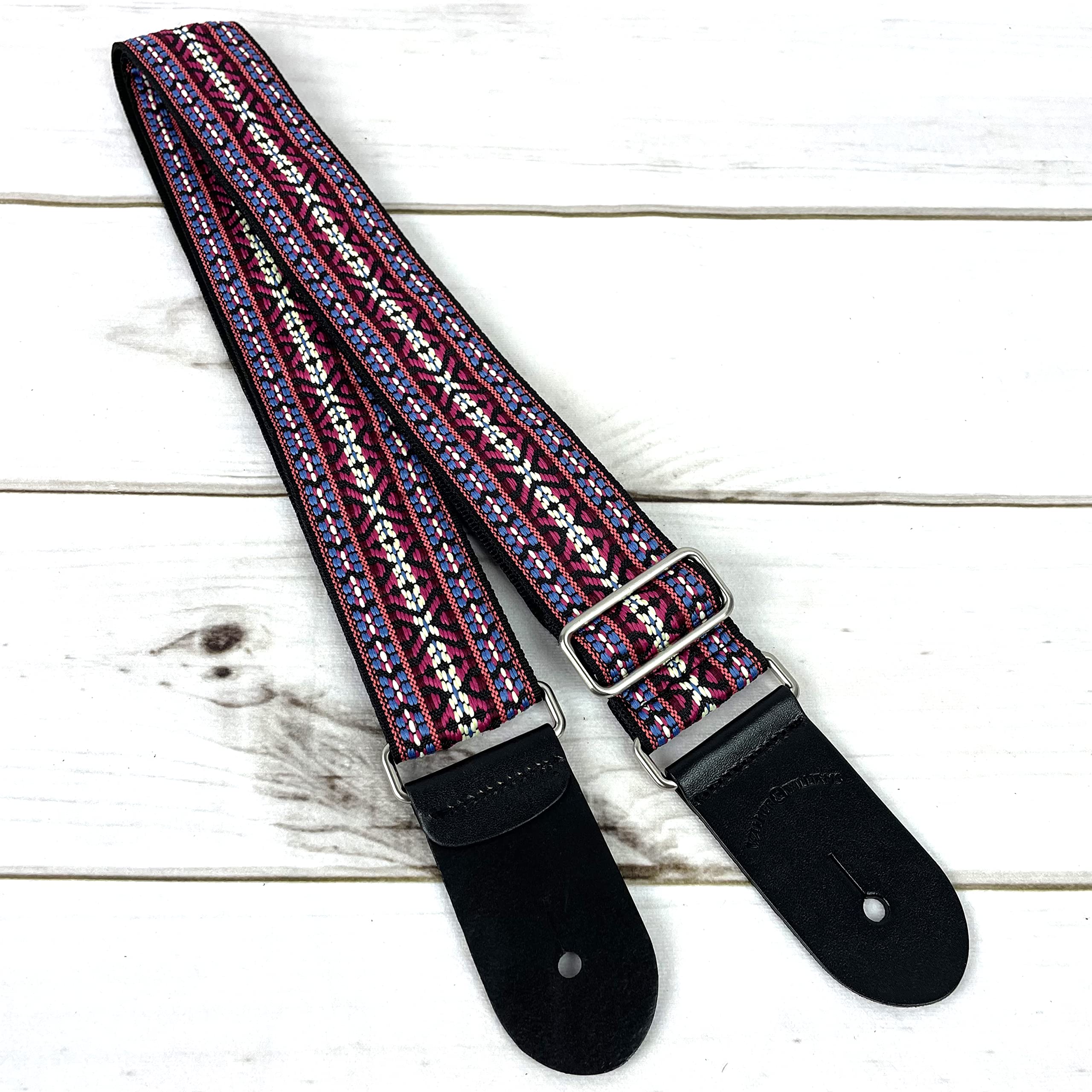 Walker And Williams H-19-M Vintage Series Guitar Strap Red, Blue & Cream Yucatan Style Weave With Thick Leather Ends For Acoustic, Electric, And Bass Guitars - Image 6