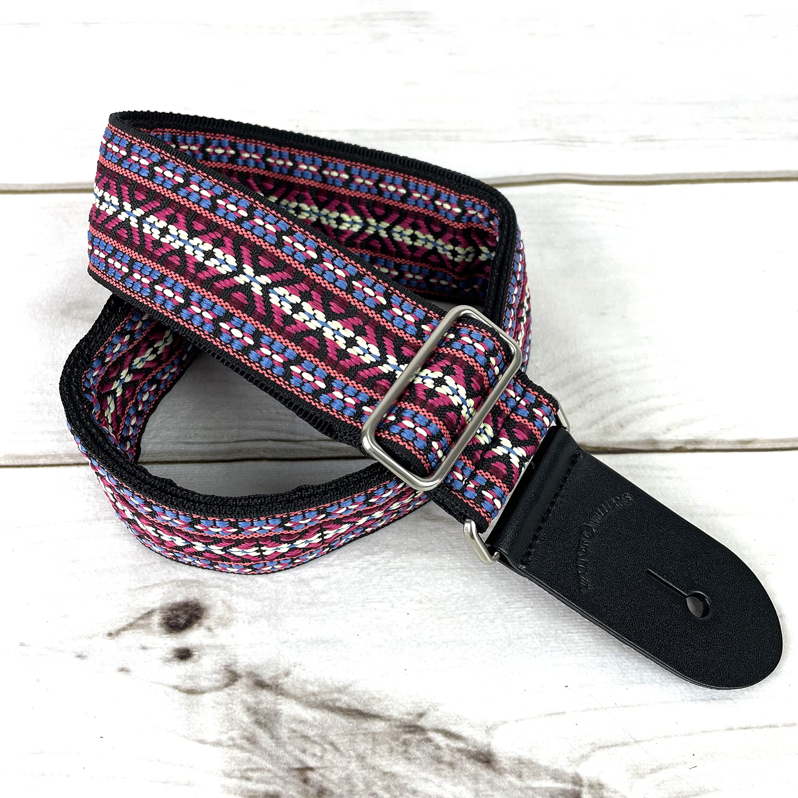 Walker And Williams H-19-M Vintage Series Guitar Strap Red, Blue & Cream Yucatan Style Weave With Thick Leather Ends For Acoustic, Electric, And Bass Guitars - Image 7
