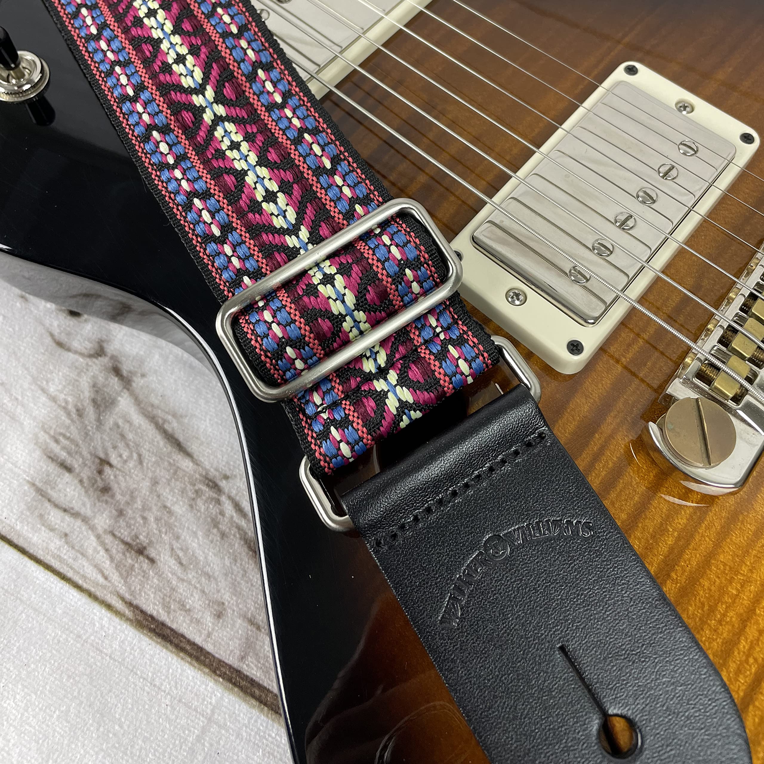 Walker And Williams H-19-M Vintage Series Guitar Strap Red, Blue & Cream Yucatan Style Weave With Thick Leather Ends For Acoustic, Electric, And Bass Guitars - Image 8