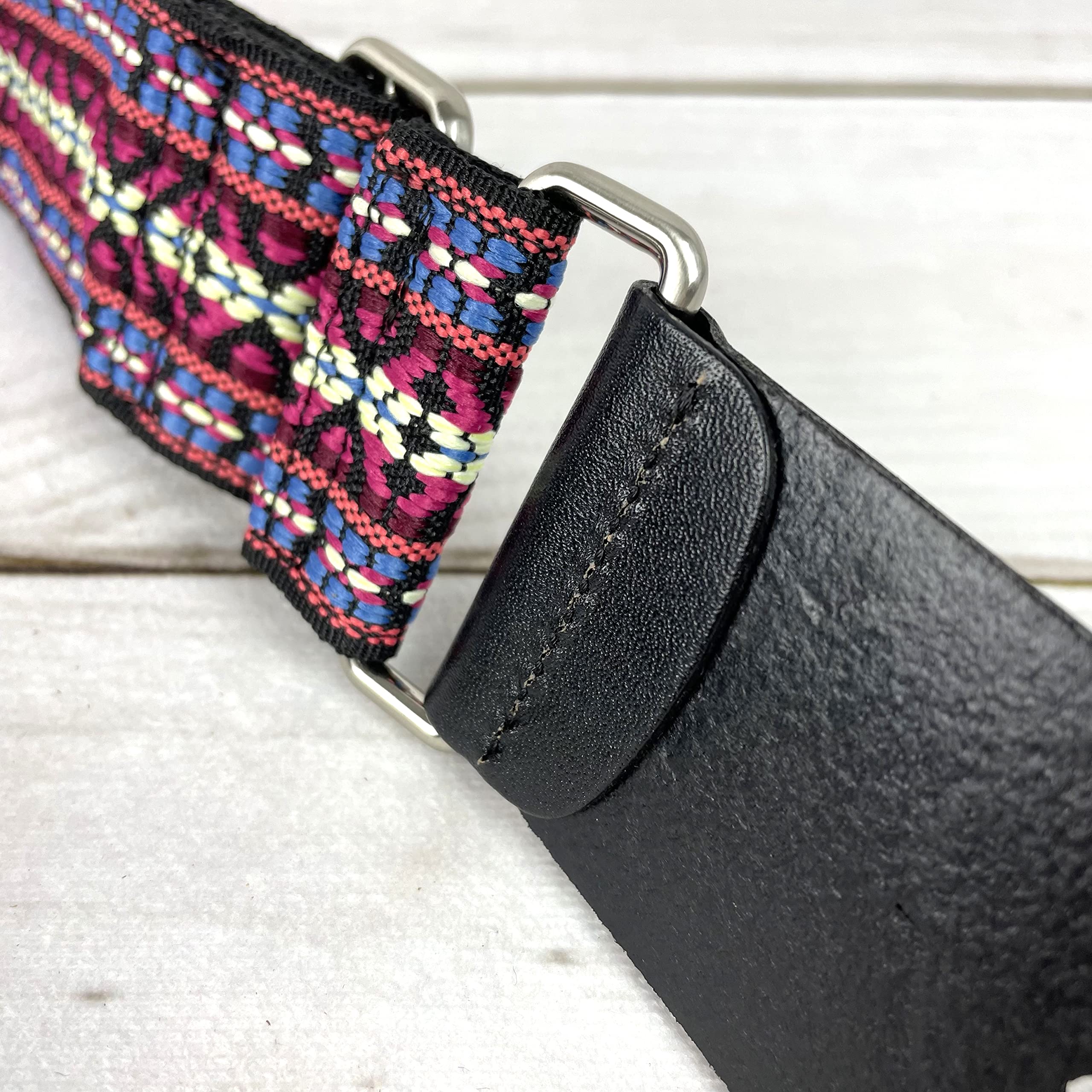 Walker And Williams H-19-M Vintage Series Guitar Strap Red, Blue & Cream Yucatan Style Weave With Thick Leather Ends For Acoustic, Electric, And Bass Guitars - Image 9