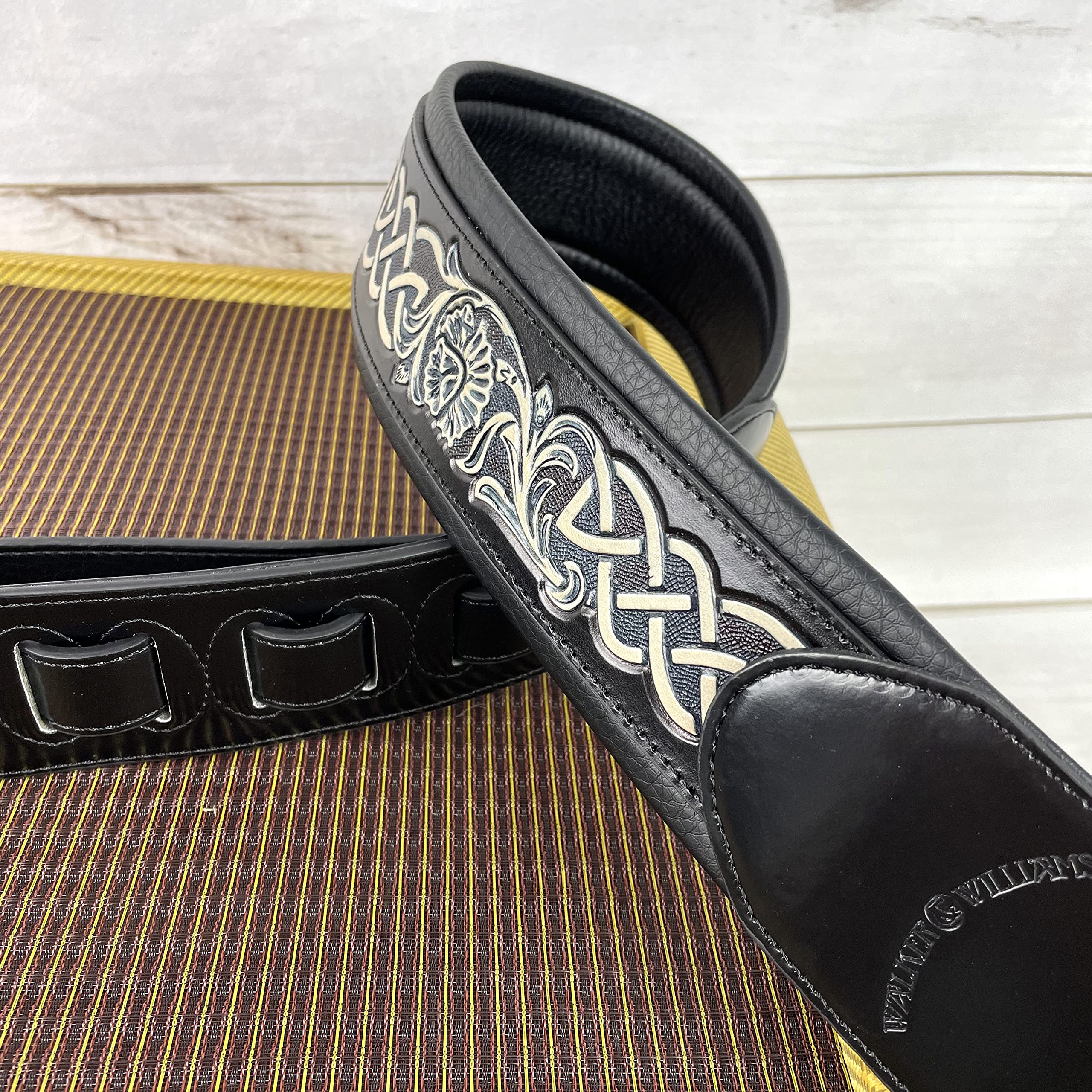 Walker And Williams KB-05-BLK Black Full Grain Center Block Premium Carving Leather Padded Guitar Strap With Aged White Carved Celtic Chain For Acoustic, Electric, And Bass Guitars - Image 4
