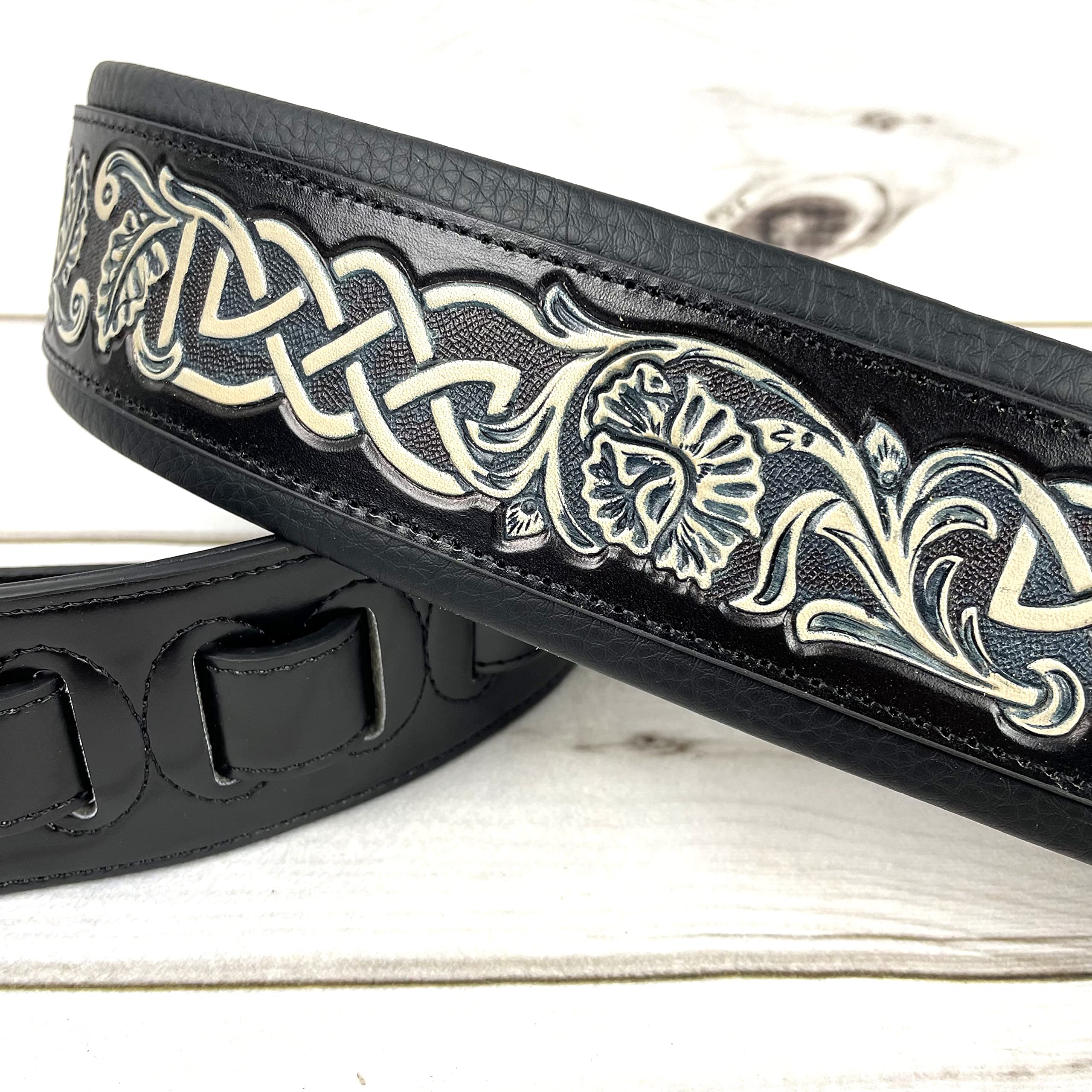 Walker And Williams KB-05-BLK Black Full Grain Center Block Premium Carving Leather Padded Guitar Strap With Aged White Carved Celtic Chain For Acoustic, Electric, And Bass Guitars - Image 5
