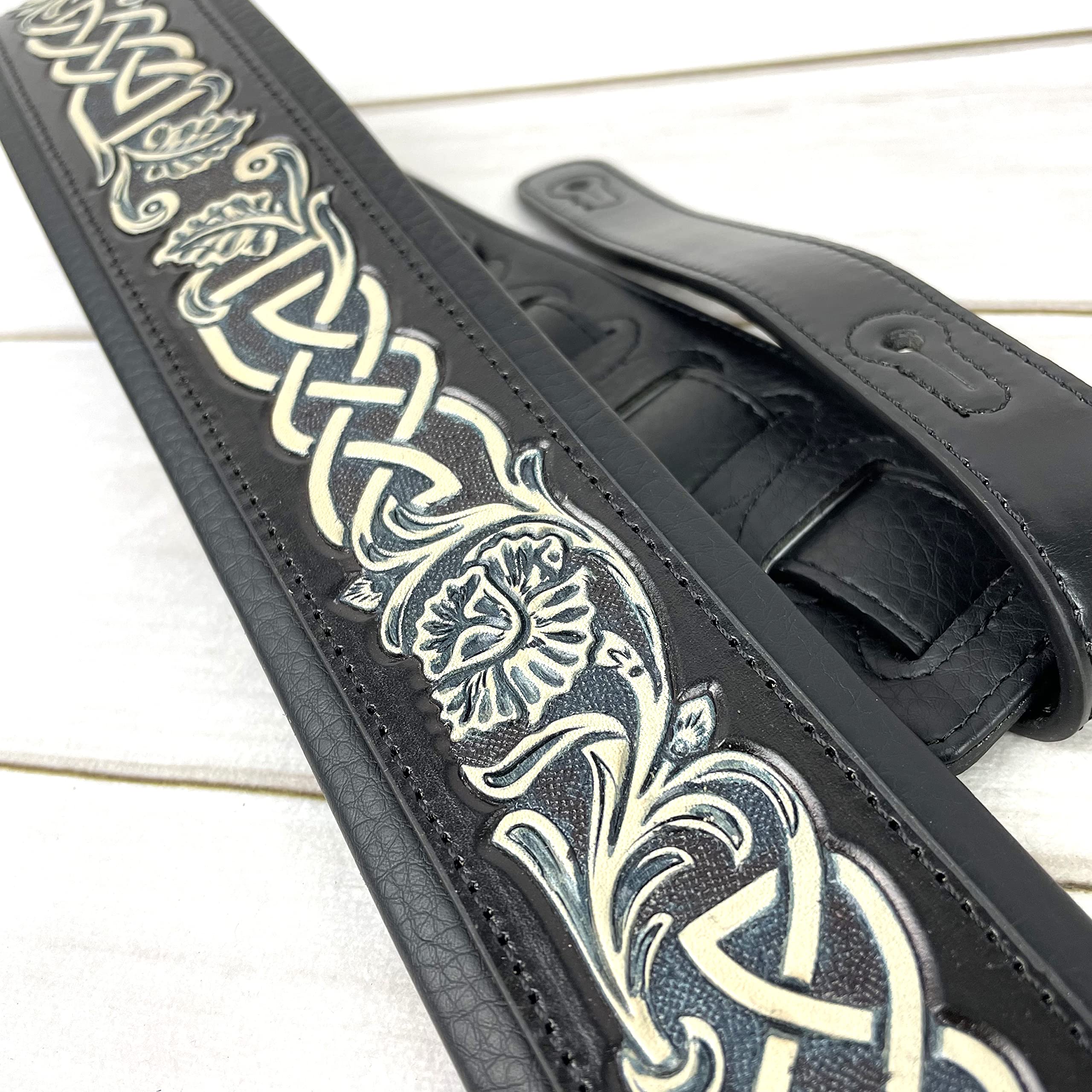 Walker And Williams KB-05-BLK Black Full Grain Center Block Premium Carving Leather Padded Guitar Strap With Aged White Carved Celtic Chain For Acoustic, Electric, And Bass Guitars - Image 6
