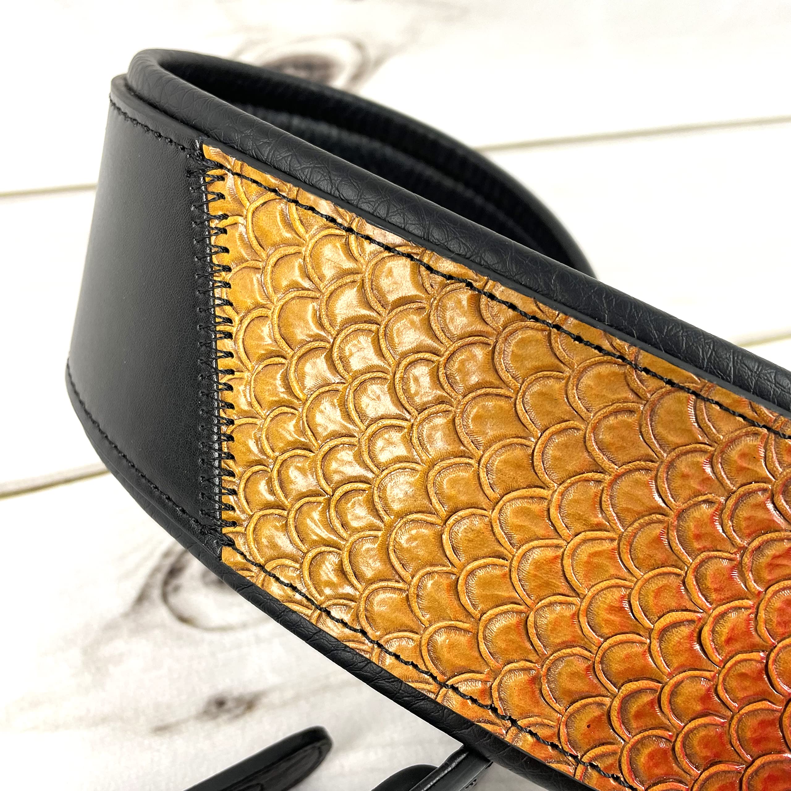 Walker And Williams KB-06 Premium Carved Fish Scale Guitar Strap In Painted Sunset Finish For Acoustic, Electric, And Bass Guitars - Image 5