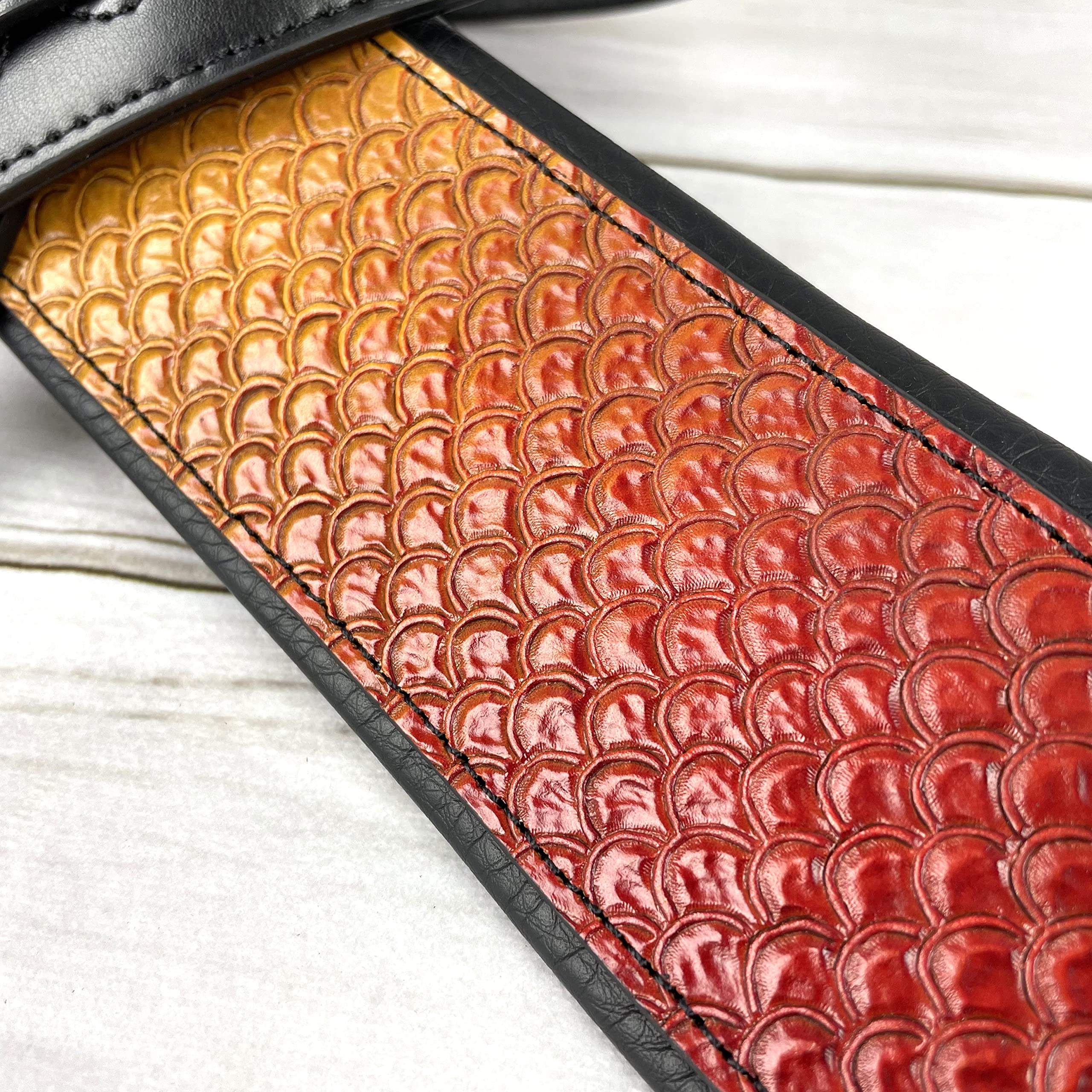 Walker And Williams KB-06 Premium Carved Fish Scale Guitar Strap In Painted Sunset Finish For Acoustic, Electric, And Bass Guitars - Image 6