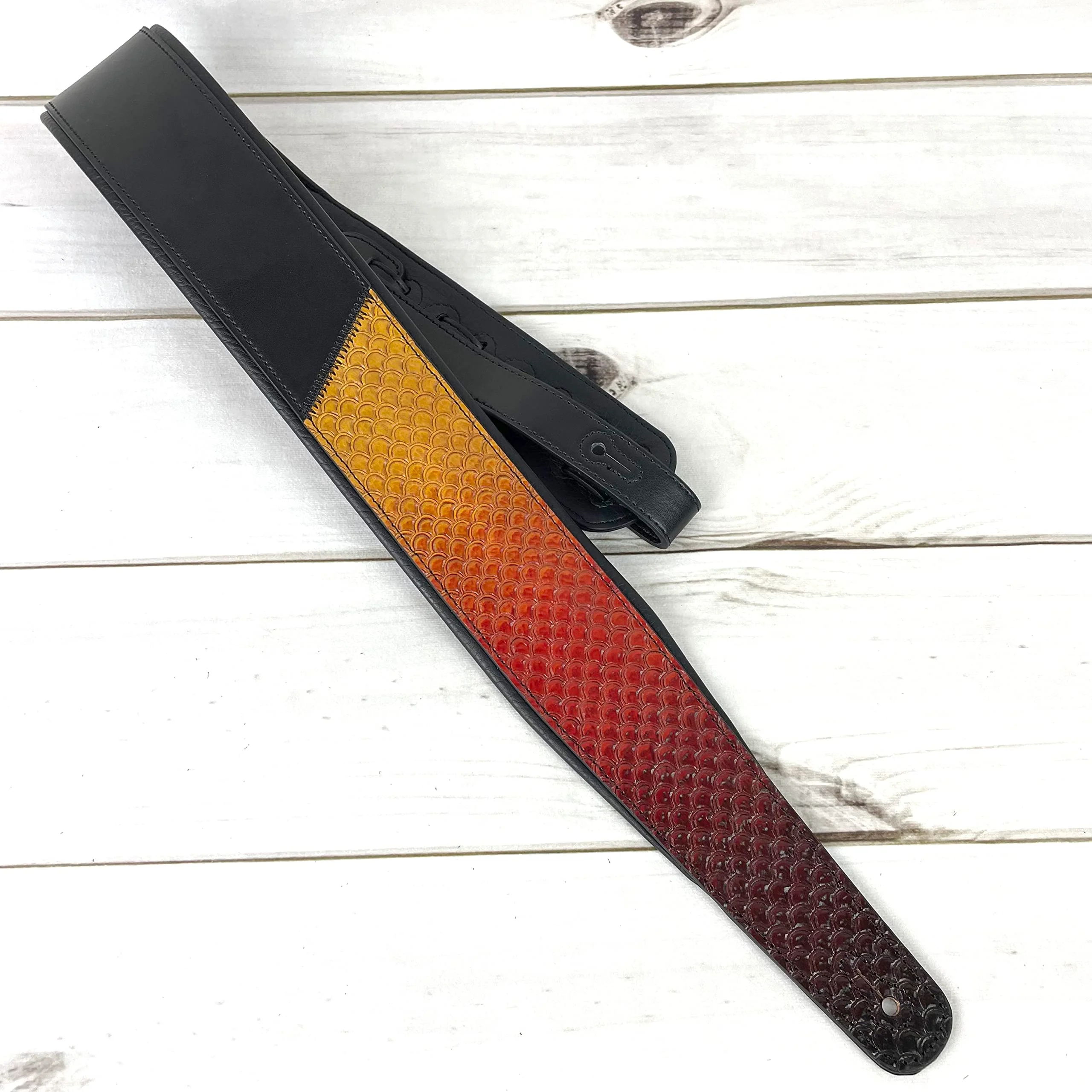 Walker And Williams KB-06 Premium Carved Fish Scale Guitar Strap In Painted Sunset Finish For Acoustic, Electric, And Bass Guitars - Image 8