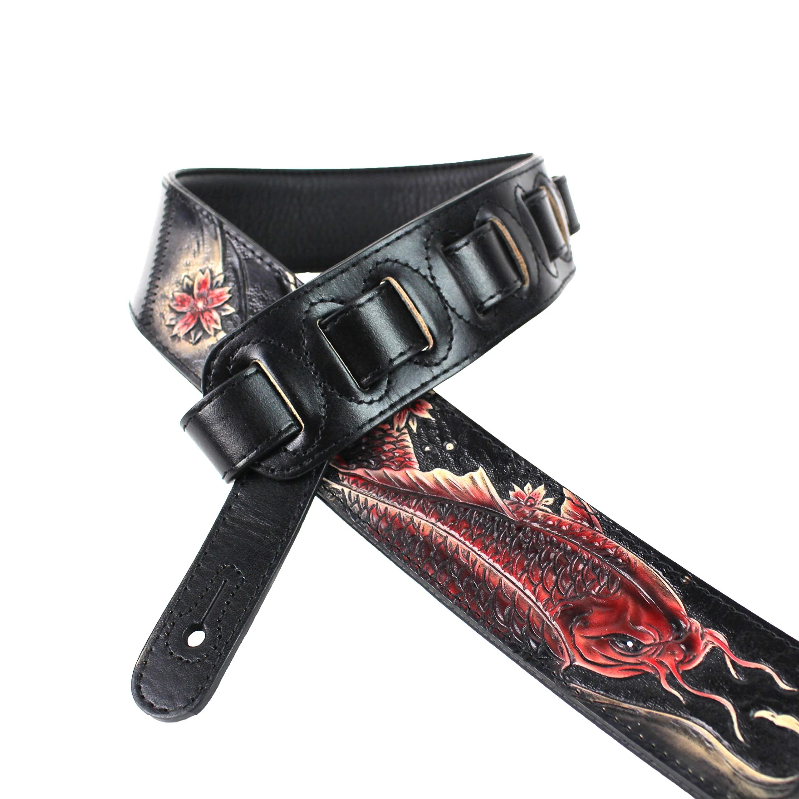 Walker And Williams KB-24 Black & Ruby Red 2" Premium Carved Grain Leather Guitar Strap With Koi Fish Design For Acoustic, Electric, And Bass Guitars - Image 2