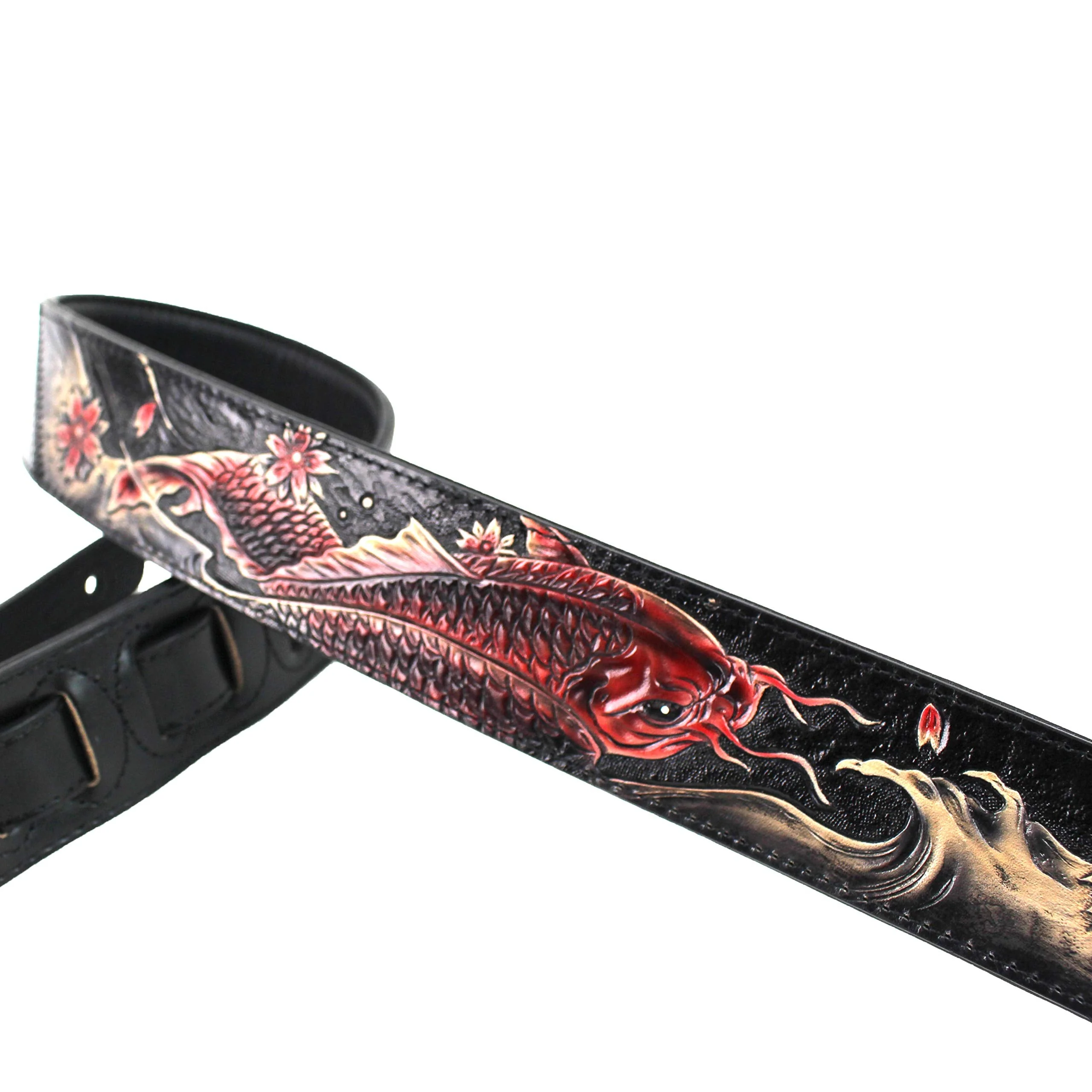 Walker And Williams KB-24 Black & Ruby Red 2" Premium Carved Grain Leather Guitar Strap With Koi Fish Design For Acoustic, Electric, And Bass Guitars - Image 3