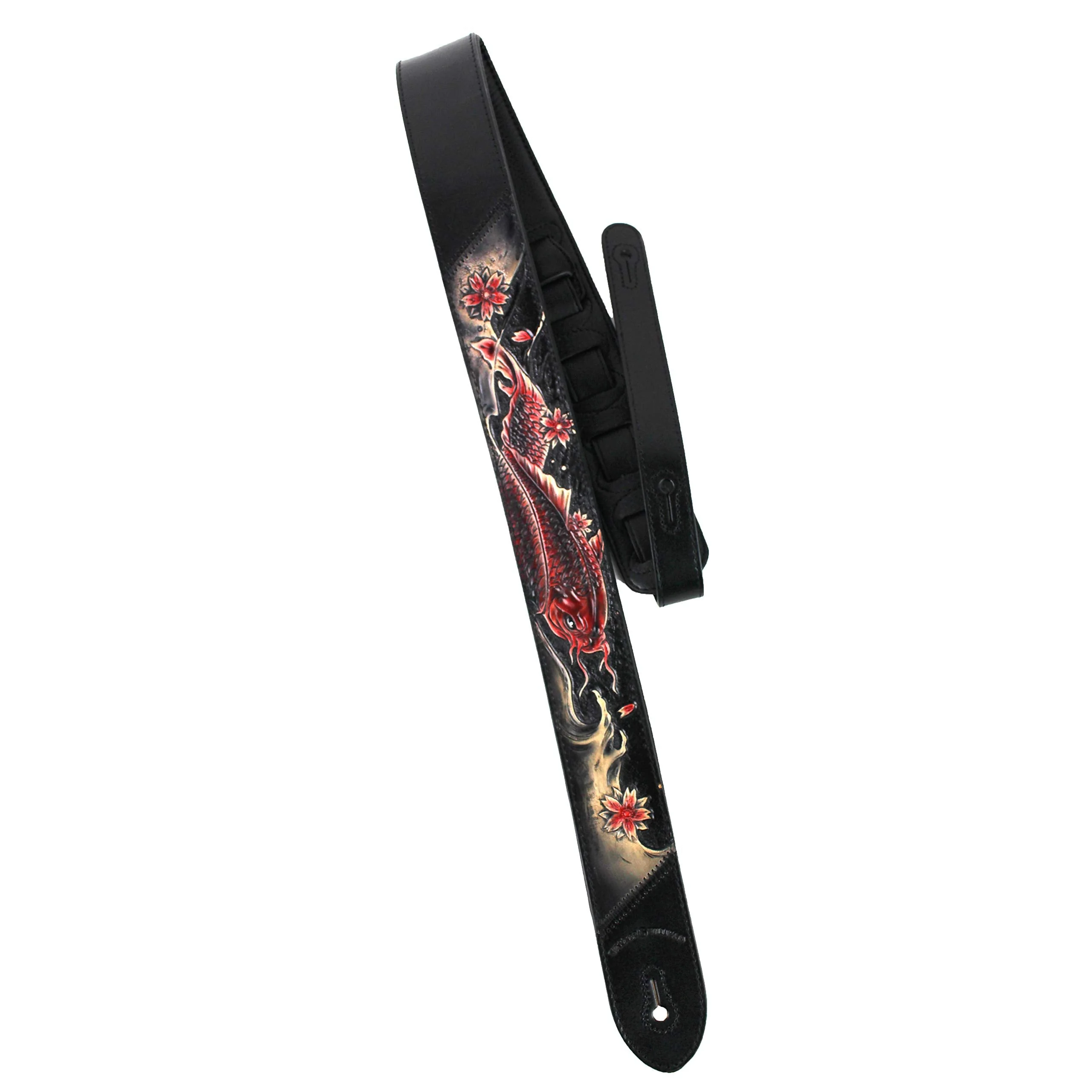 Walker And Williams KB-24 Black & Ruby Red 2" Premium Carved Grain Leather Guitar Strap With Koi Fish Design For Acoustic, Electric, And Bass Guitars - Image 4