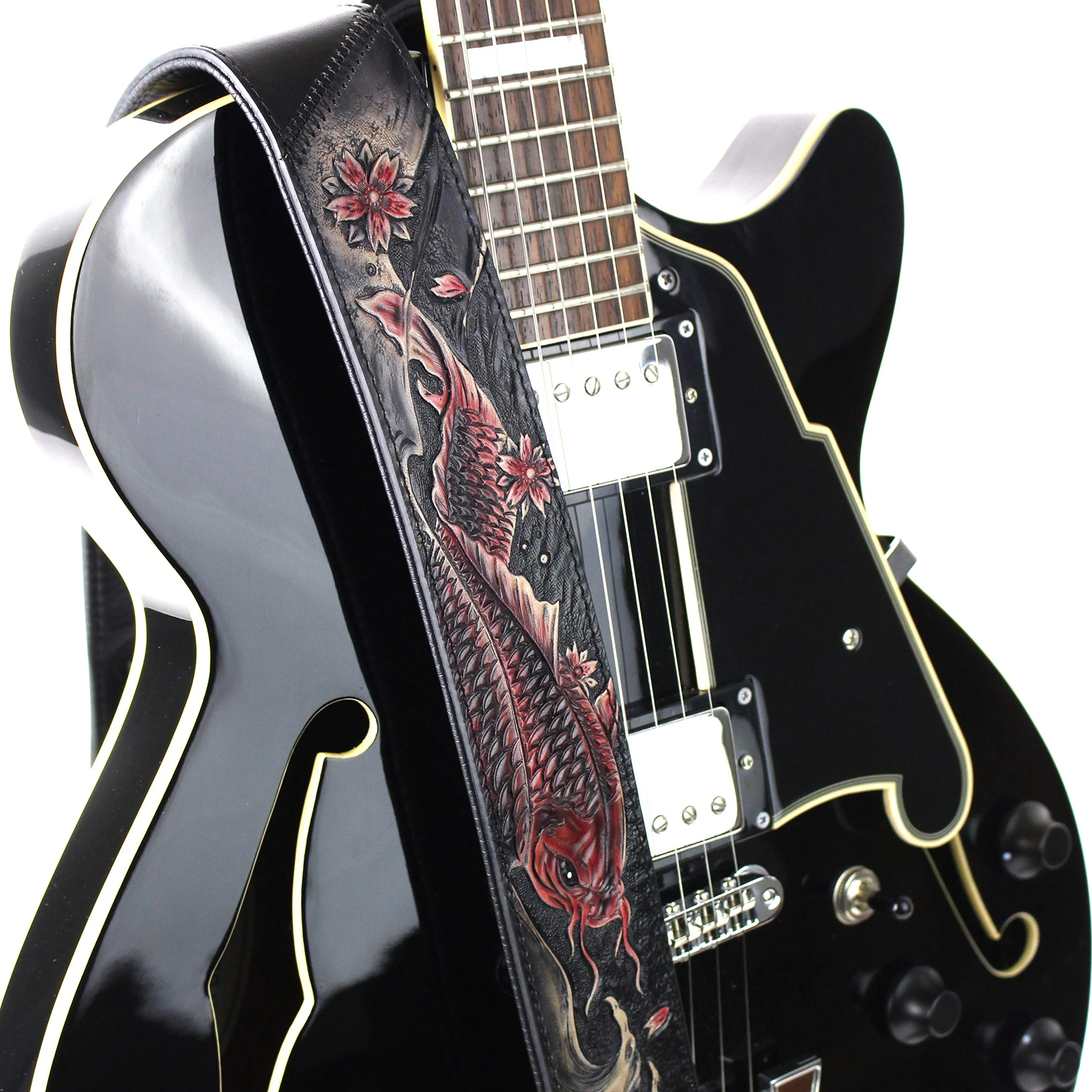 Walker And Williams KB-24 Black & Ruby Red 2" Premium Carved Grain Leather Guitar Strap With Koi Fish Design For Acoustic, Electric, And Bass Guitars - Image 5