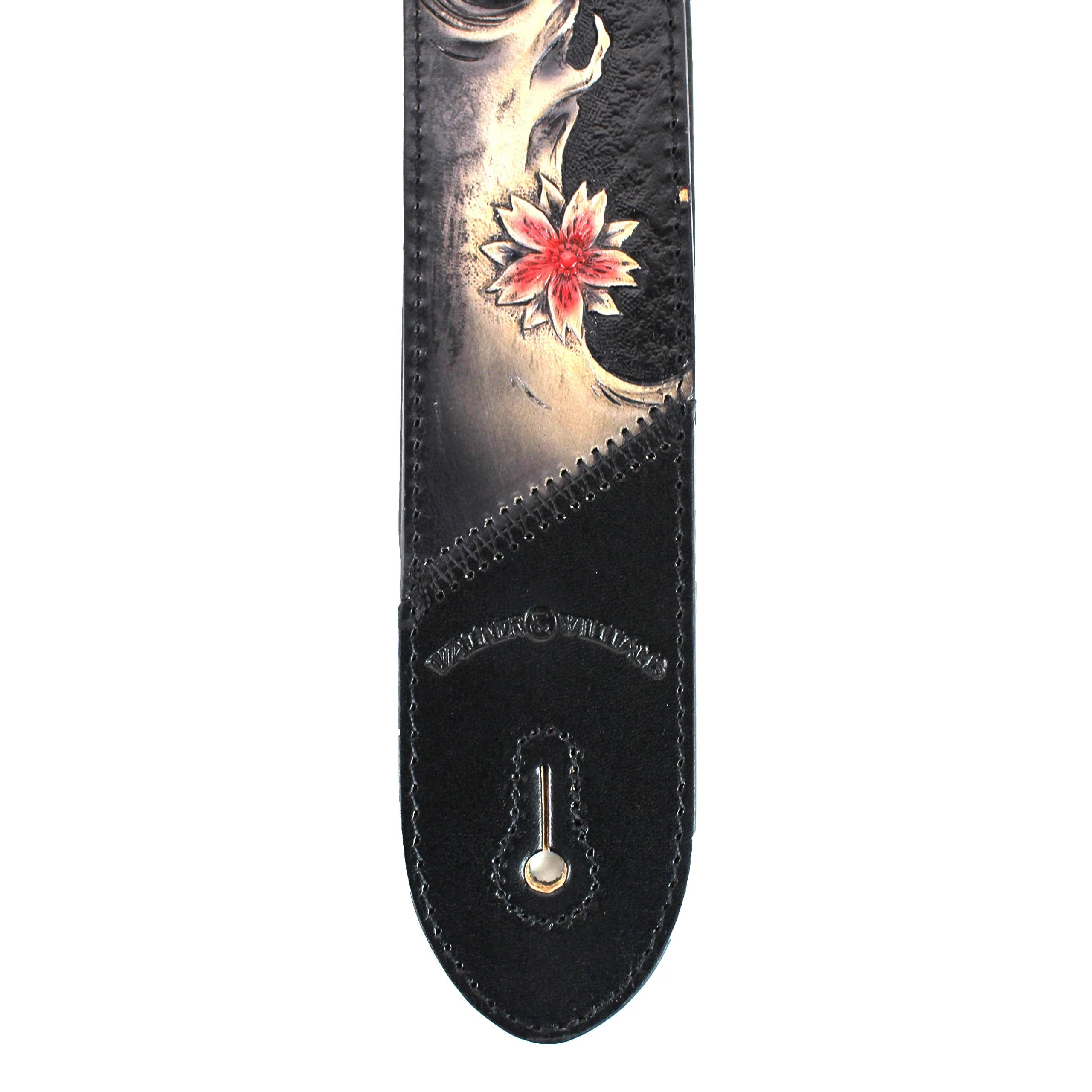 Walker And Williams KB-24 Black & Ruby Red 2" Premium Carved Grain Leather Guitar Strap With Koi Fish Design For Acoustic, Electric, And Bass Guitars - Image 6