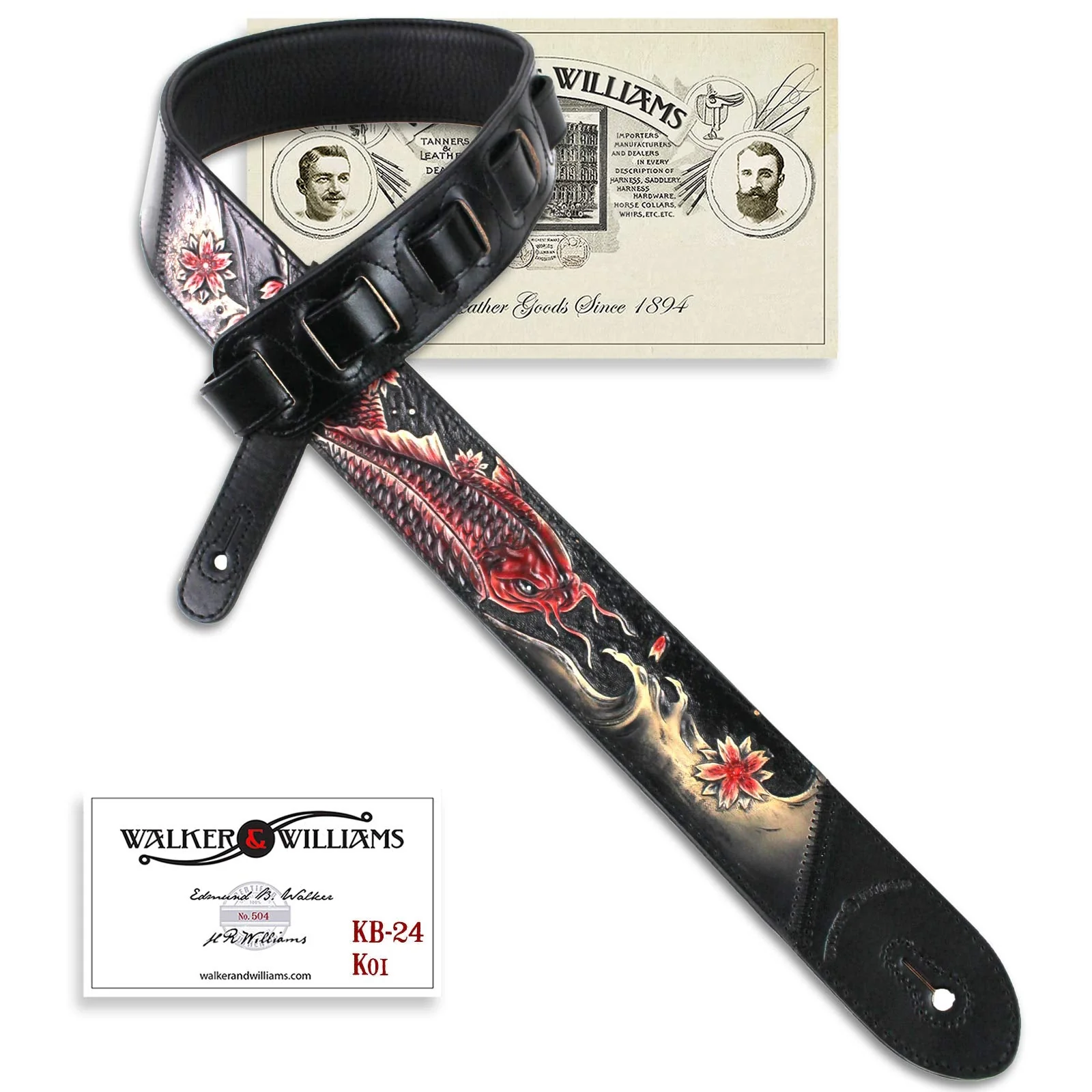 Walker And Williams KB-24 Black & Ruby Red 2" Premium Carved Grain Leather Guitar Strap With Koi Fish Design For Acoustic, Electric, And Bass Guitars - Image 9