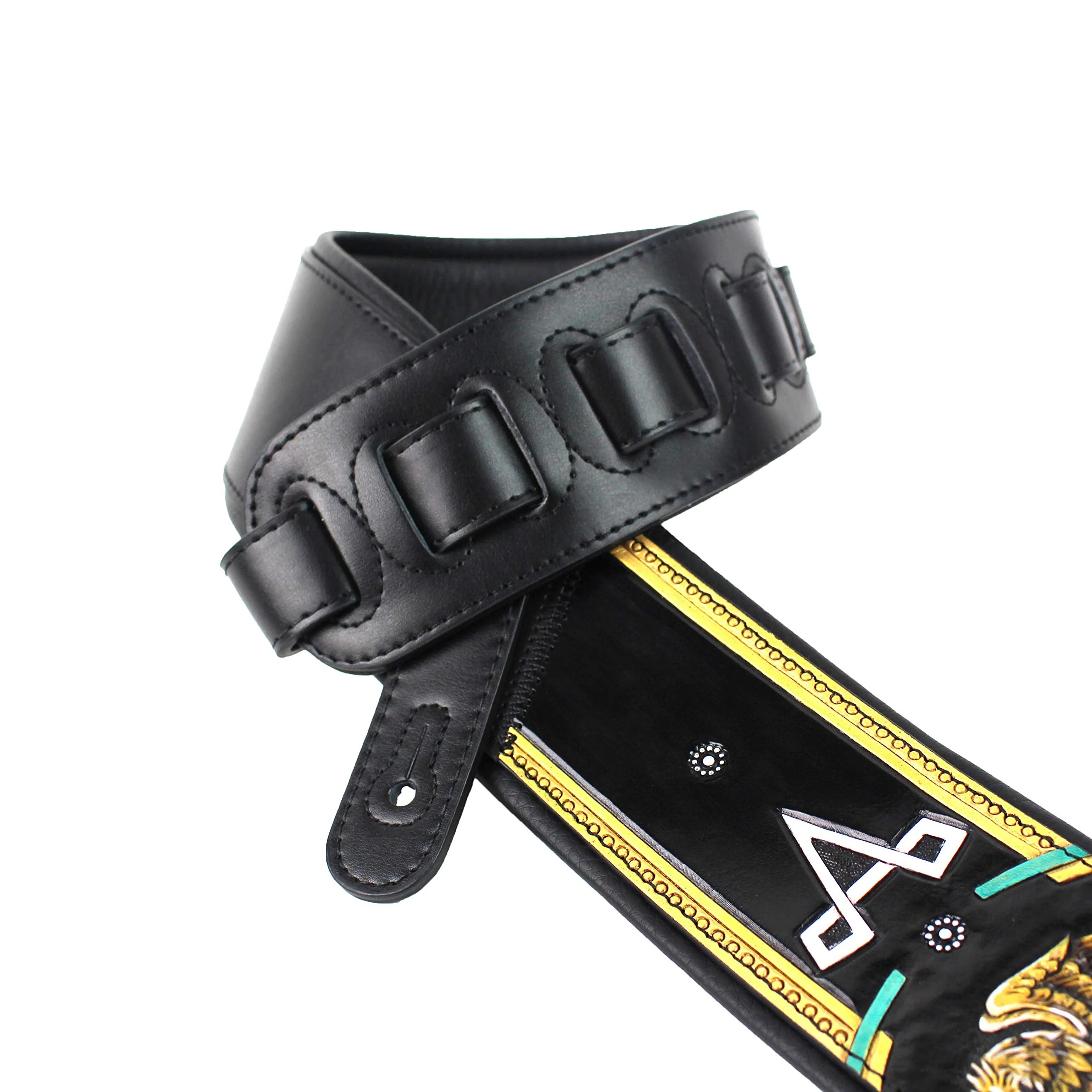 Walker And Williams KB-52-BLK Handmade Heritage Series Black Leather Guitar Strap With Hand Carved And Painted Mexican Coat Of Arms Design For Acoustic, Electric, And Bass Guitars - Image 2