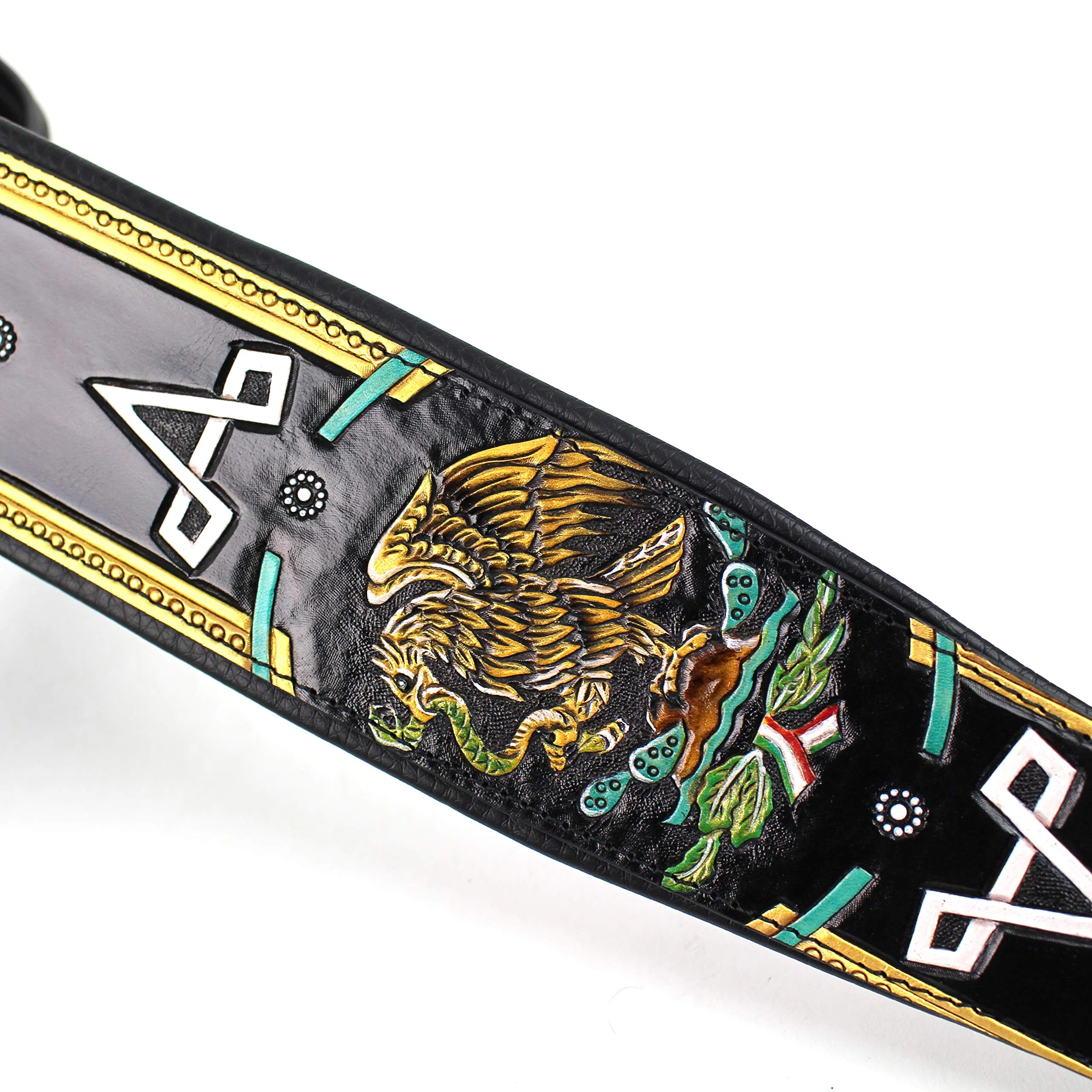Walker And Williams KB-52-BLK Handmade Heritage Series Black Leather Guitar Strap With Hand Carved And Painted Mexican Coat Of Arms Design For Acoustic, Electric, And Bass Guitars - Image 3