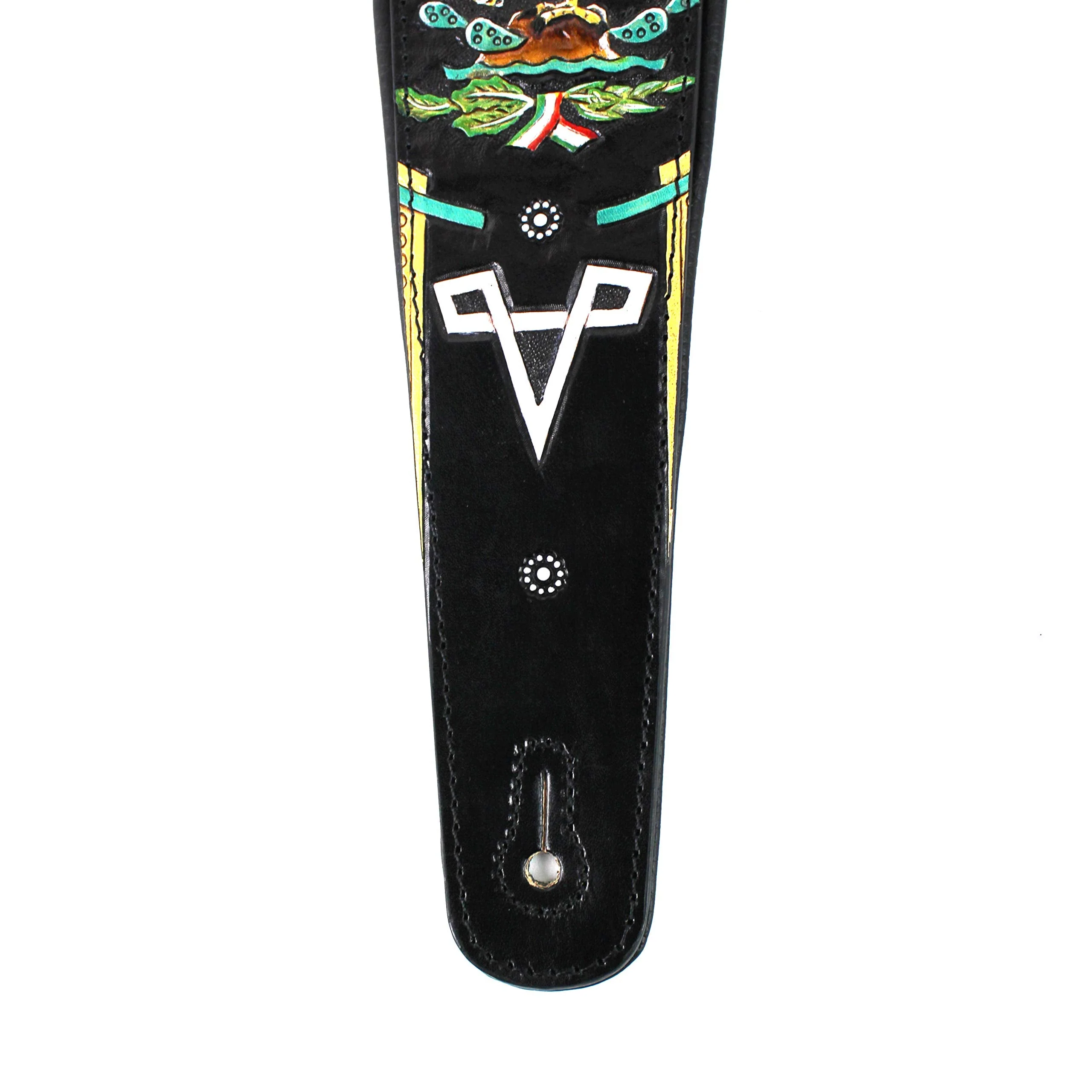 Walker And Williams KB-52-BLK Handmade Heritage Series Black Leather Guitar Strap With Hand Carved And Painted Mexican Coat Of Arms Design For Acoustic, Electric, And Bass Guitars - Image 6