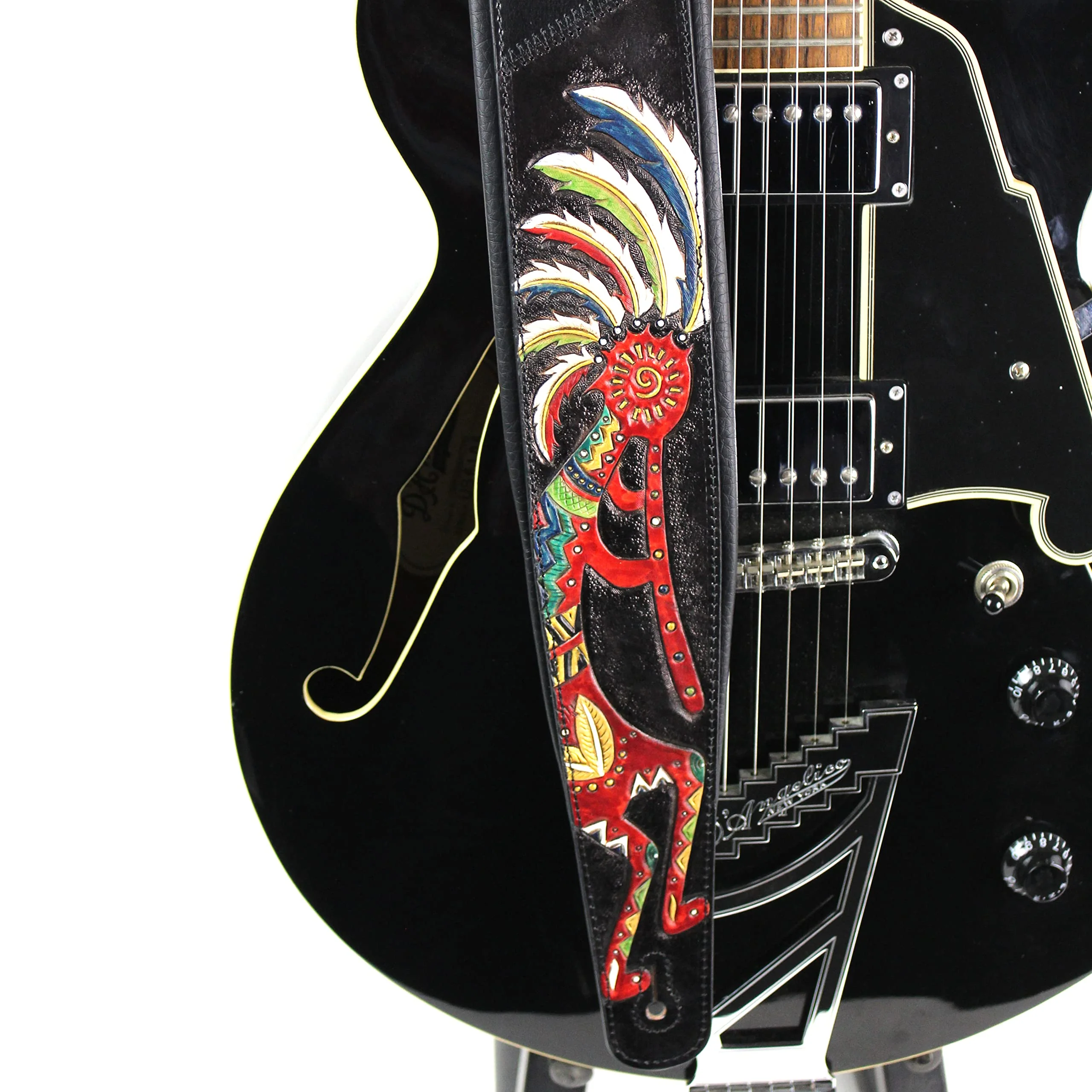 Walker And Williams KB-56-BLK Handmade 3" Wide Black Padded Guitar Strap With Carved Red Kokopelli Design On Premium Black Leather For Acoustic, Electric, And Bass Guitars - Image 2