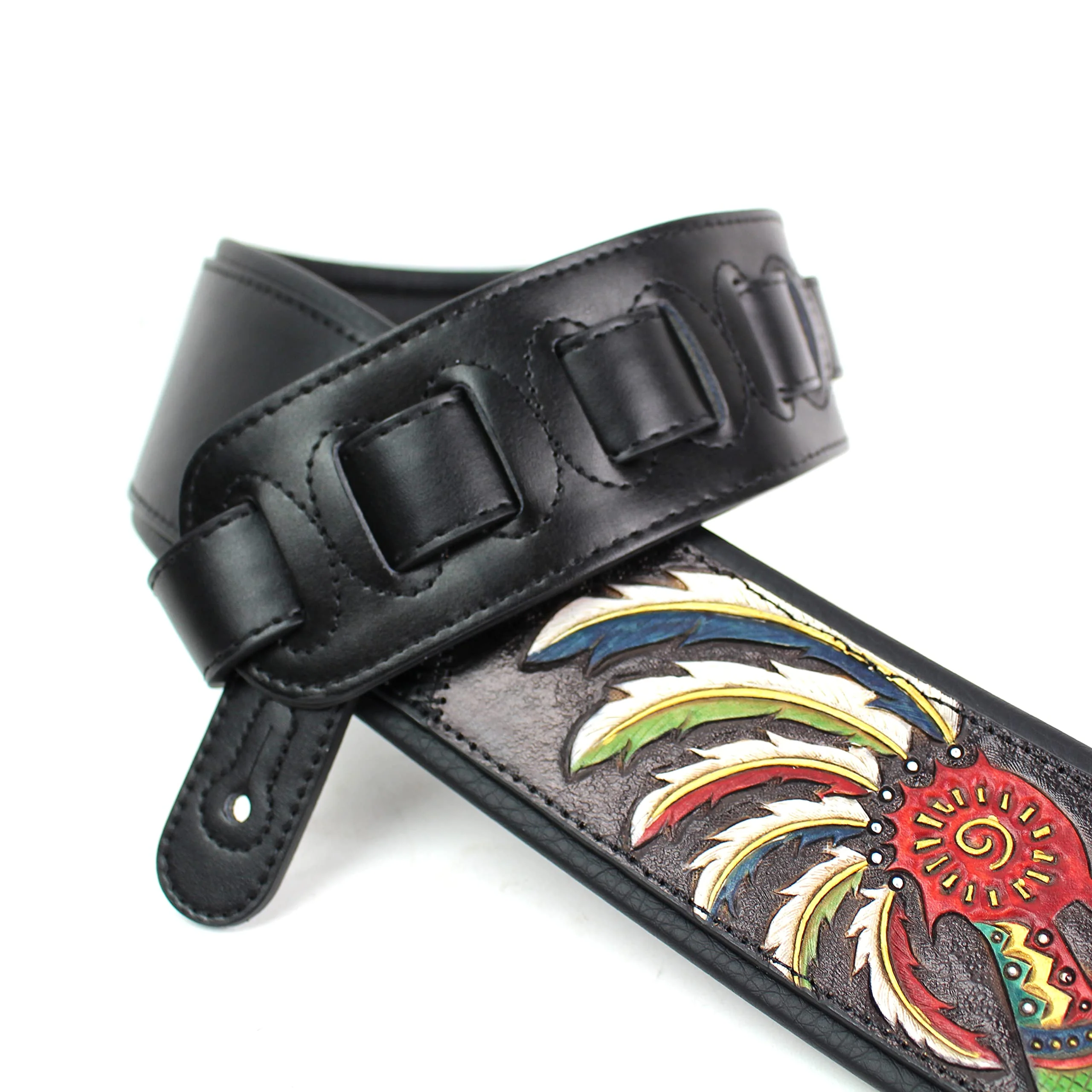 Walker And Williams KB-56-BLK Handmade 3" Wide Black Padded Guitar Strap With Carved Red Kokopelli Design On Premium Black Leather For Acoustic, Electric, And Bass Guitars - Image 4
