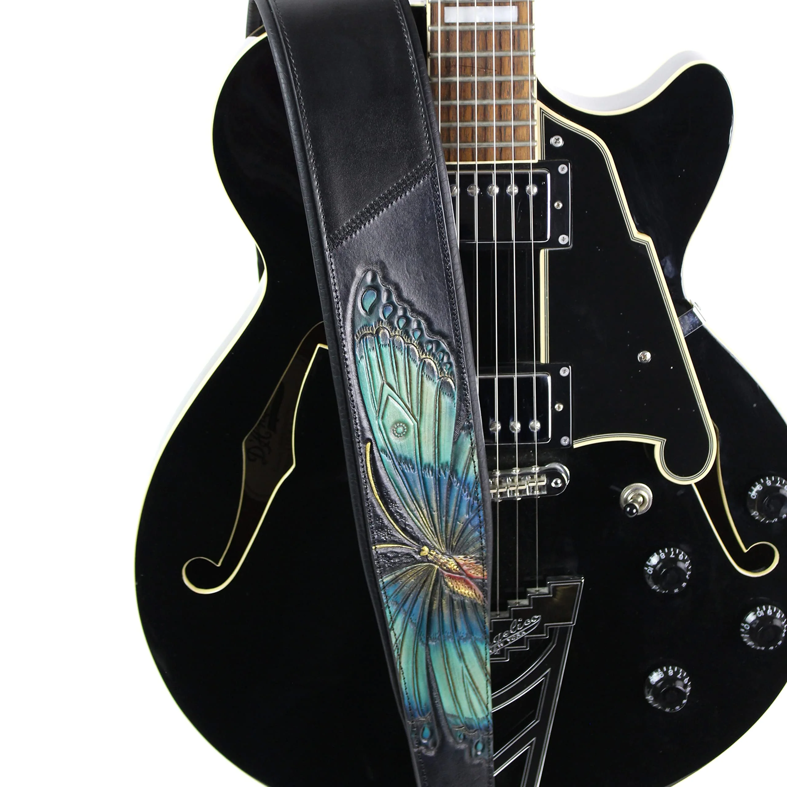 Walker And Williams KB-57 Handmade Large Vivid Blue Butterfly Padded Guitar Strap Hand Carved On Premium Black Carving Leather For Acoustic, Electric, And Bass Guitars - Image 2