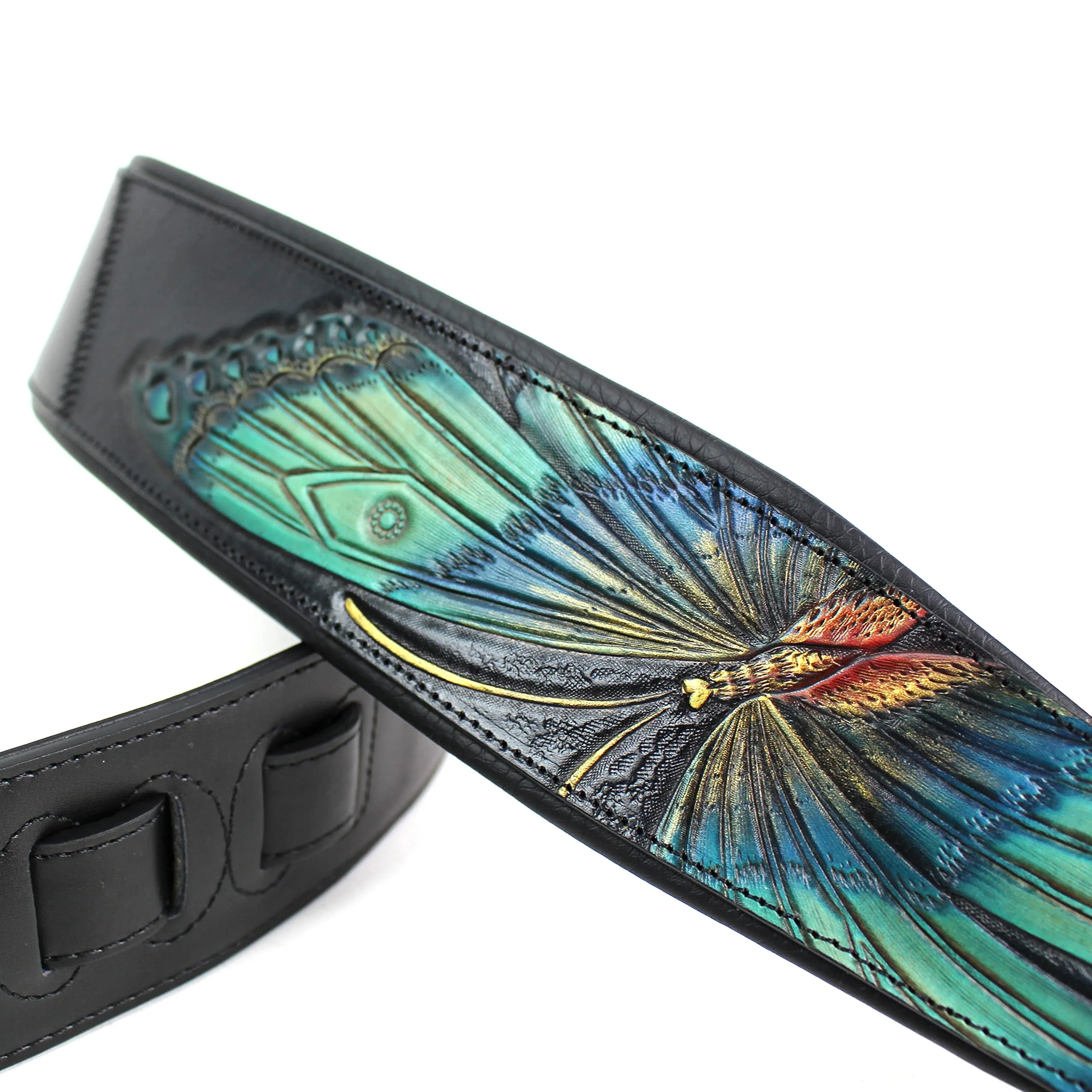 Walker And Williams KB-57 Handmade Large Vivid Blue Butterfly Padded Guitar Strap Hand Carved On Premium Black Carving Leather For Acoustic, Electric, And Bass Guitars - Image 3