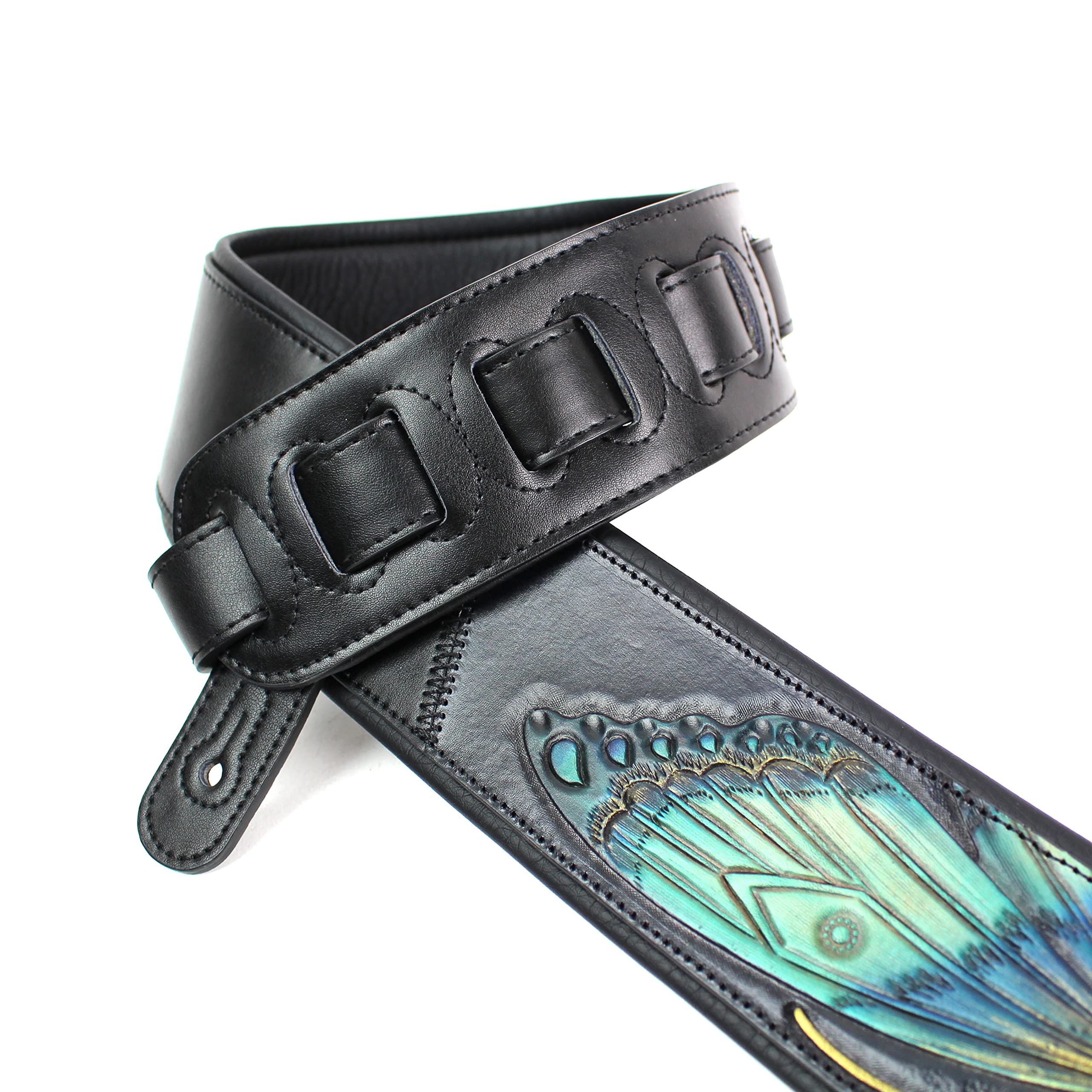 Walker And Williams KB-57 Handmade Large Vivid Blue Butterfly Padded Guitar Strap Hand Carved On Premium Black Carving Leather For Acoustic, Electric, And Bass Guitars - Image 4