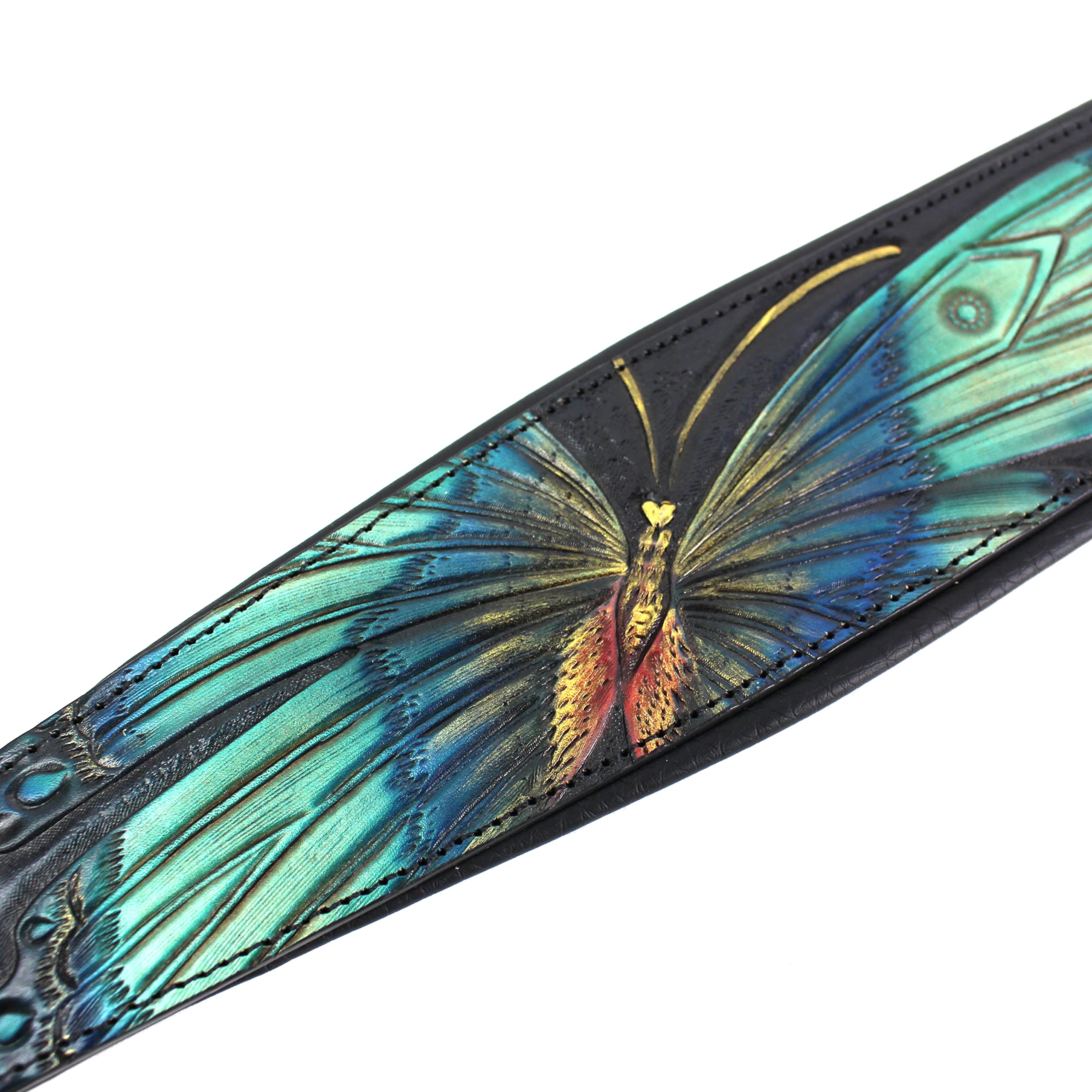 Walker And Williams KB-57 Handmade Large Vivid Blue Butterfly Padded Guitar Strap Hand Carved On Premium Black Carving Leather For Acoustic, Electric, And Bass Guitars - Image 5