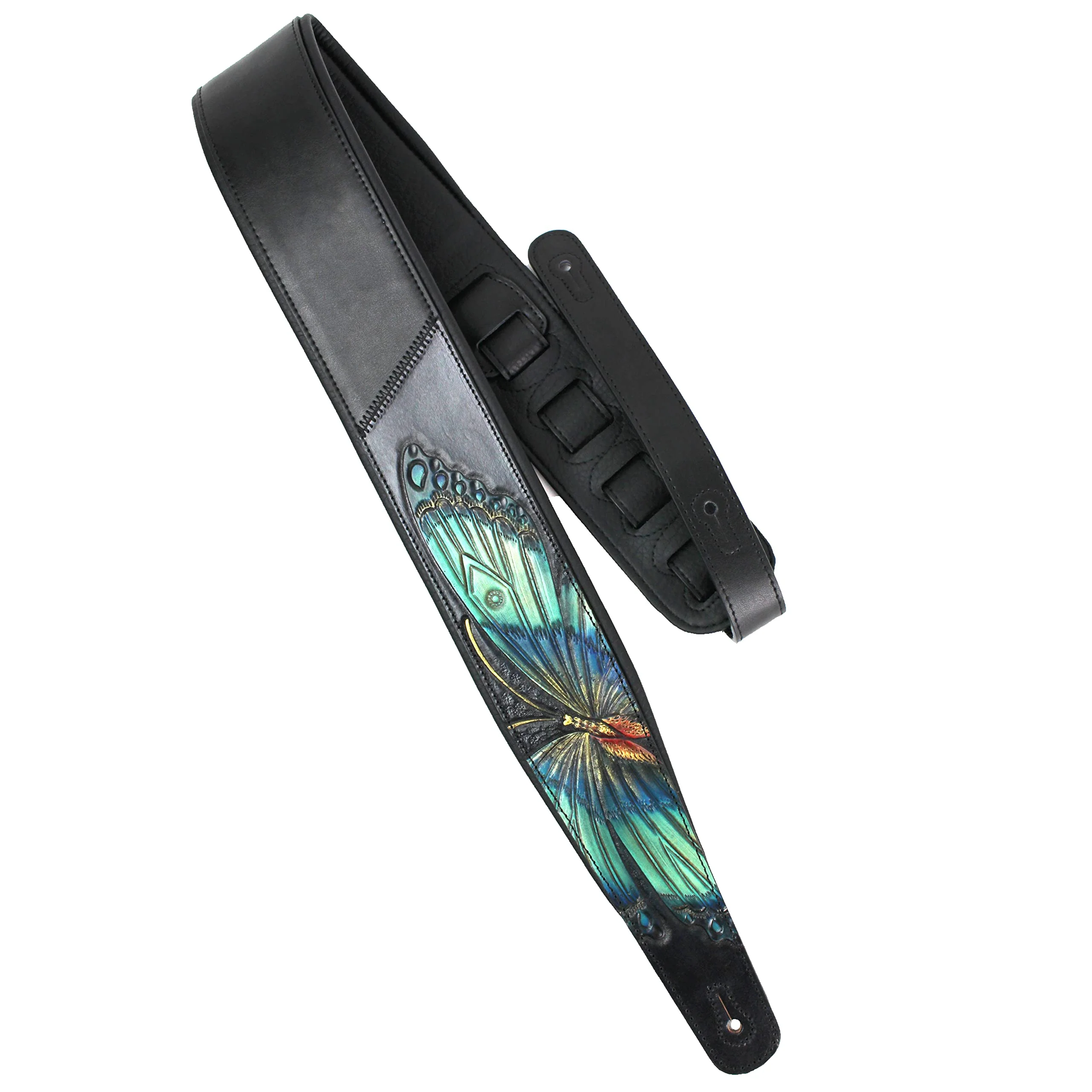 Walker And Williams KB-57 Handmade Large Vivid Blue Butterfly Padded Guitar Strap Hand Carved On Premium Black Carving Leather For Acoustic, Electric, And Bass Guitars - Image 6