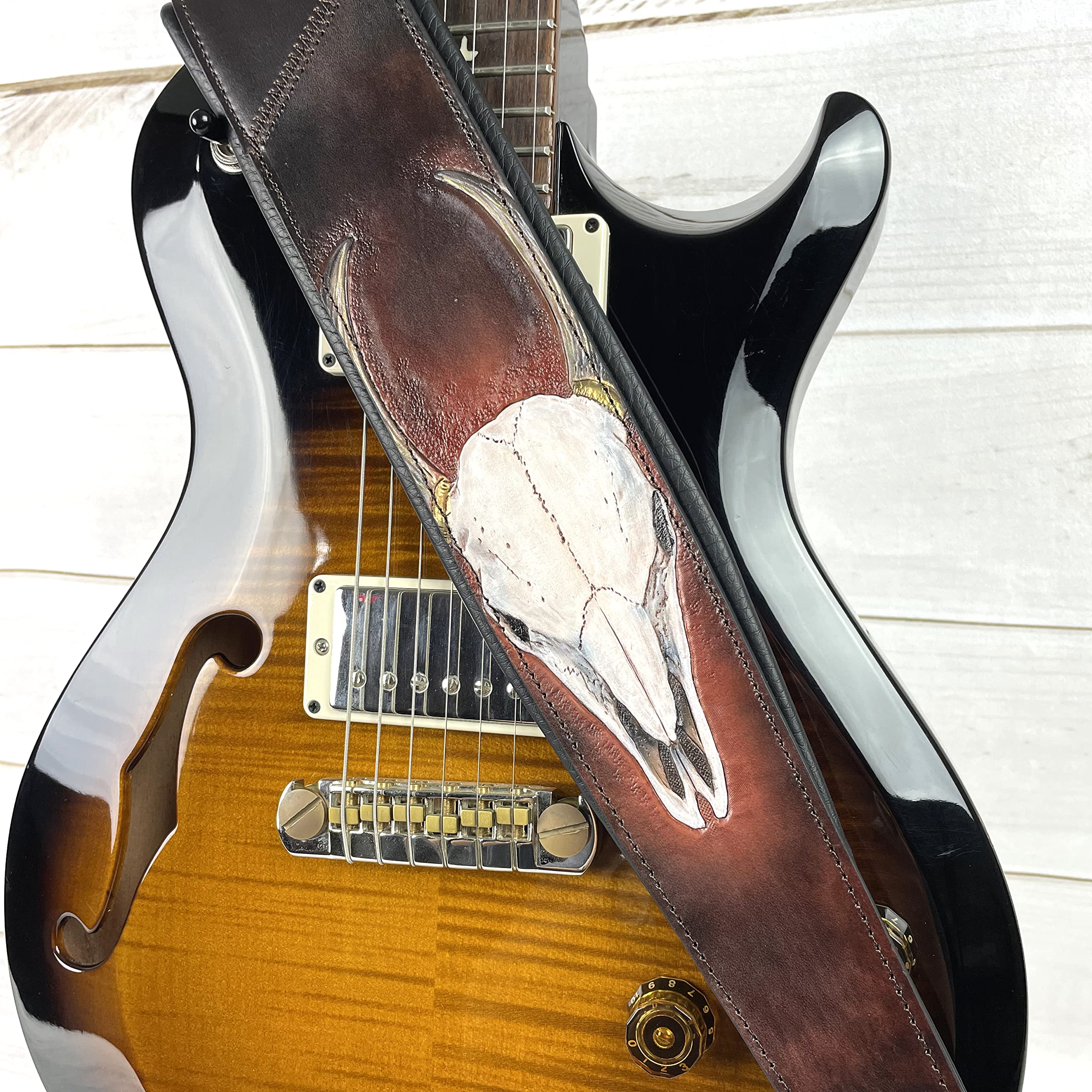 Walker And Williams KB-62 Handmade Carved Longhorn Skull Guitar Strap On Bourbon Brown Leather For Acoustic, Electric, And Bass Guitars - Image 2