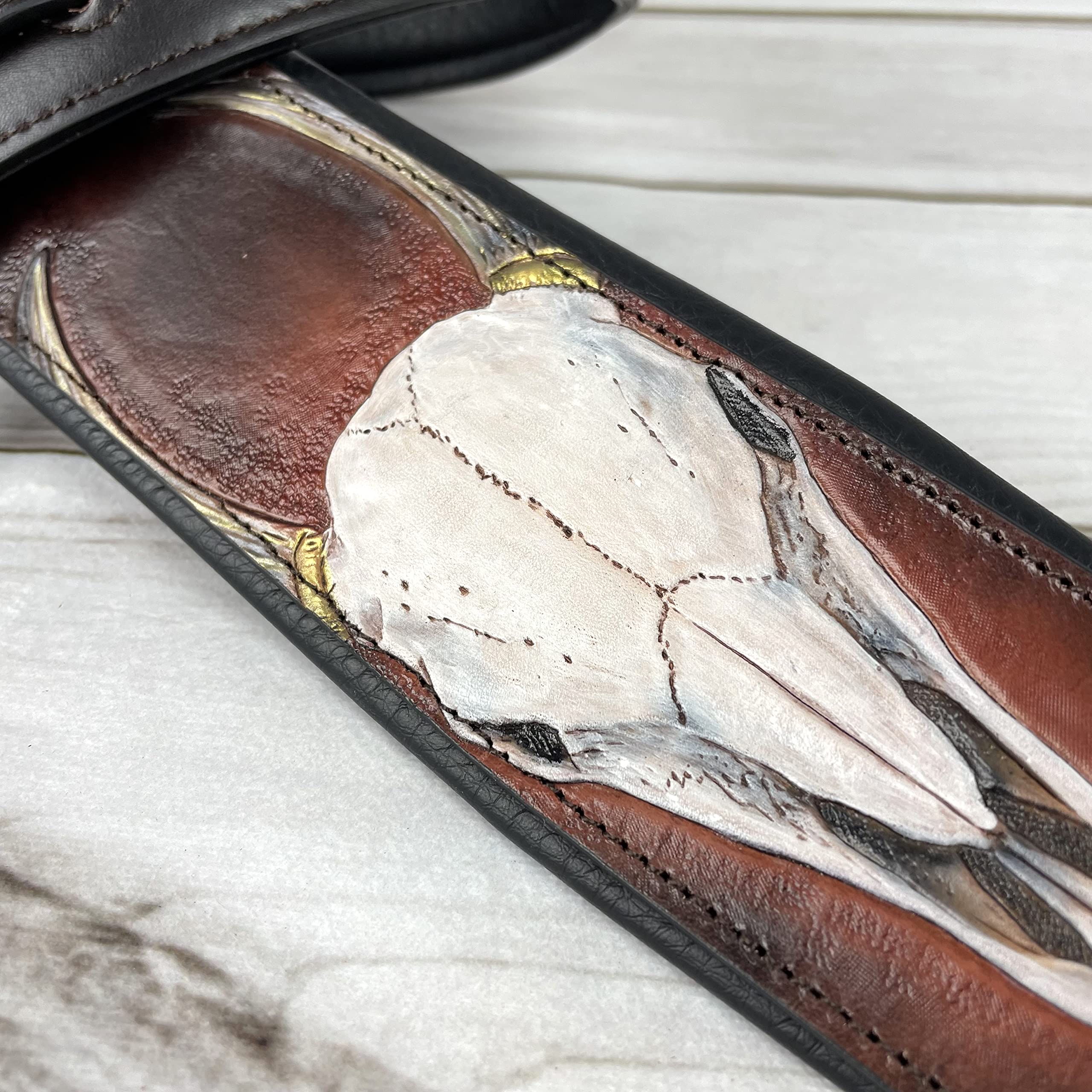 Walker And Williams KB-62 Handmade Carved Longhorn Skull Guitar Strap On Bourbon Brown Leather For Acoustic, Electric, And Bass Guitars - Image 3