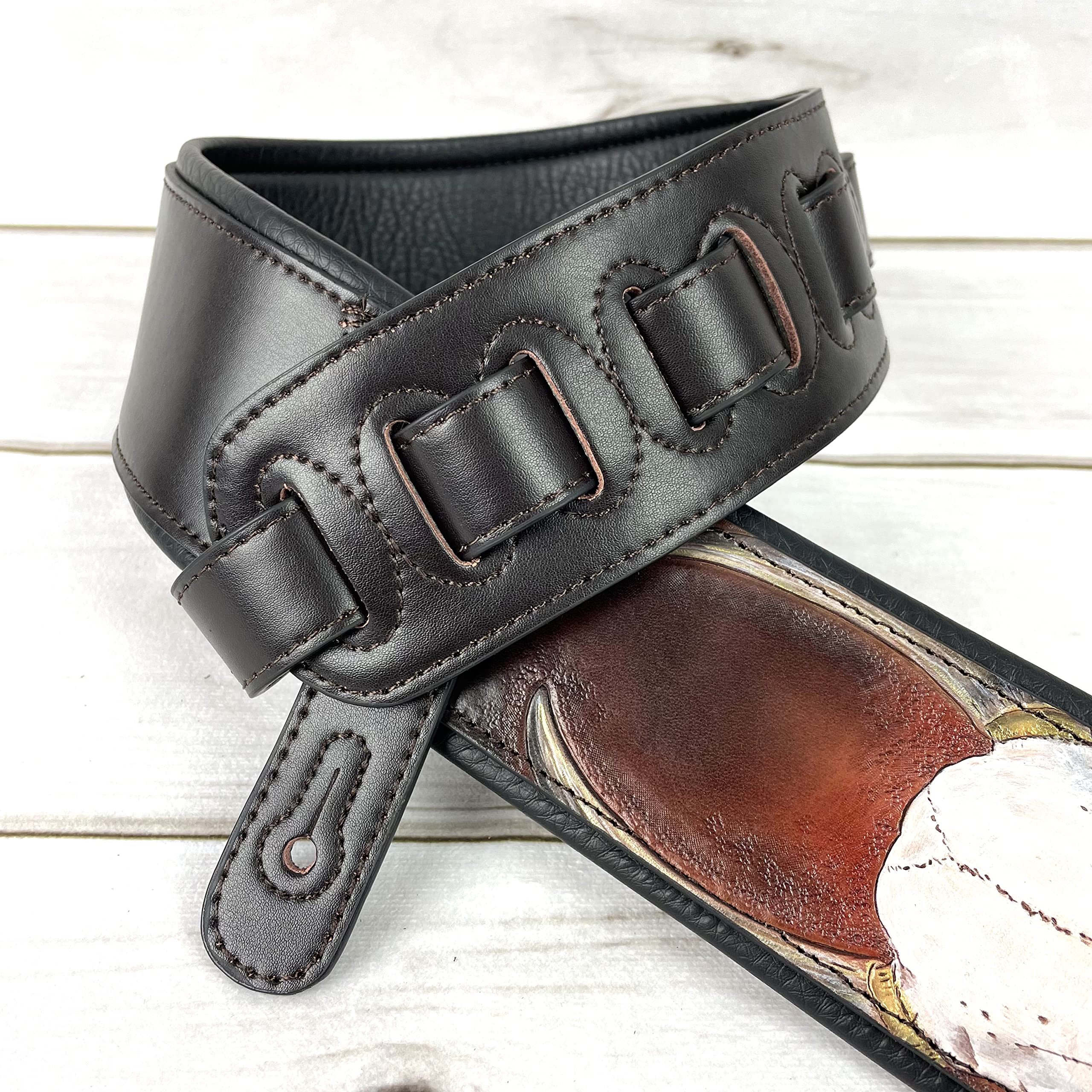 Walker And Williams KB-62 Handmade Carved Longhorn Skull Guitar Strap On Bourbon Brown Leather For Acoustic, Electric, And Bass Guitars - Image 4