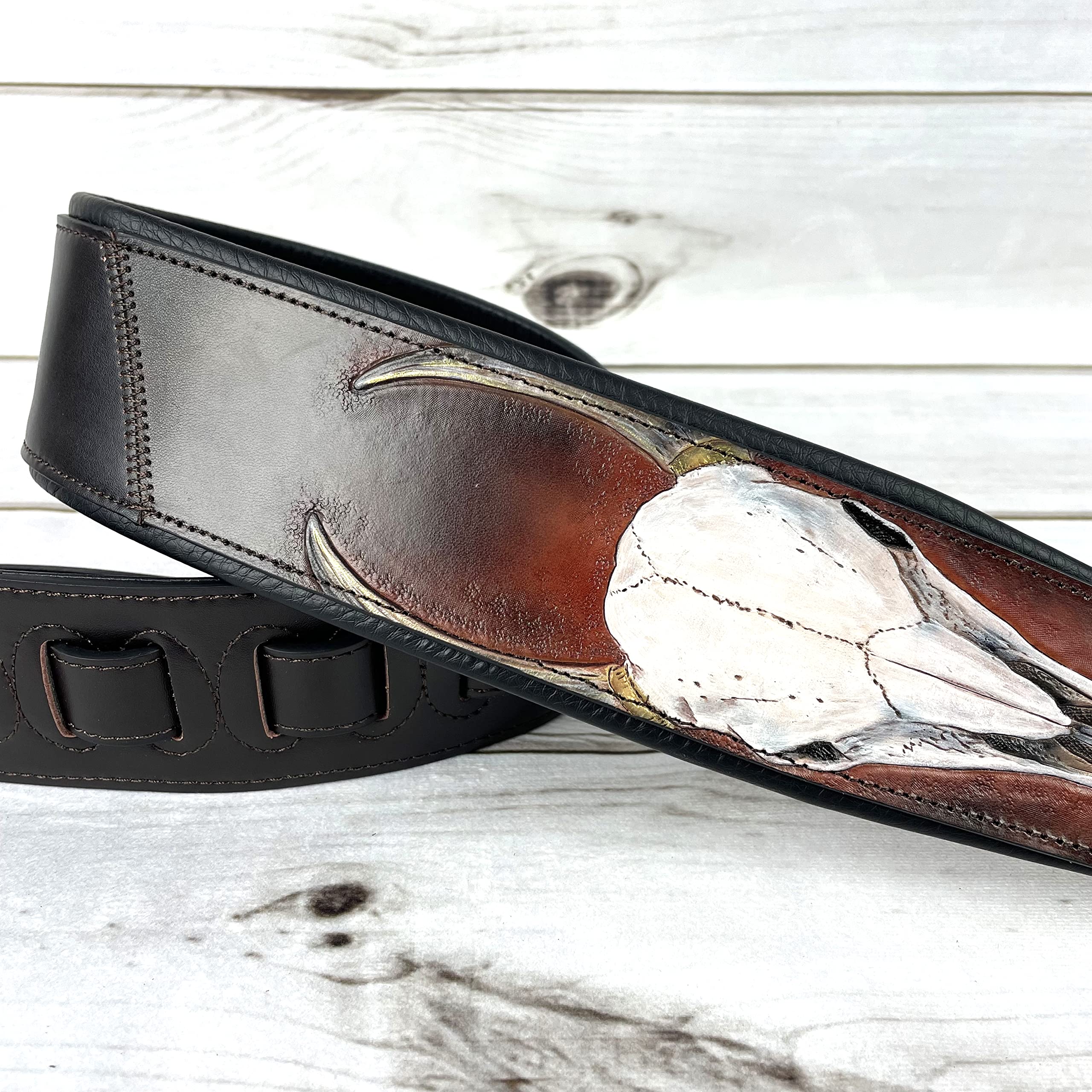 Walker And Williams KB-62 Handmade Carved Longhorn Skull Guitar Strap On Bourbon Brown Leather For Acoustic, Electric, And Bass Guitars - Image 6
