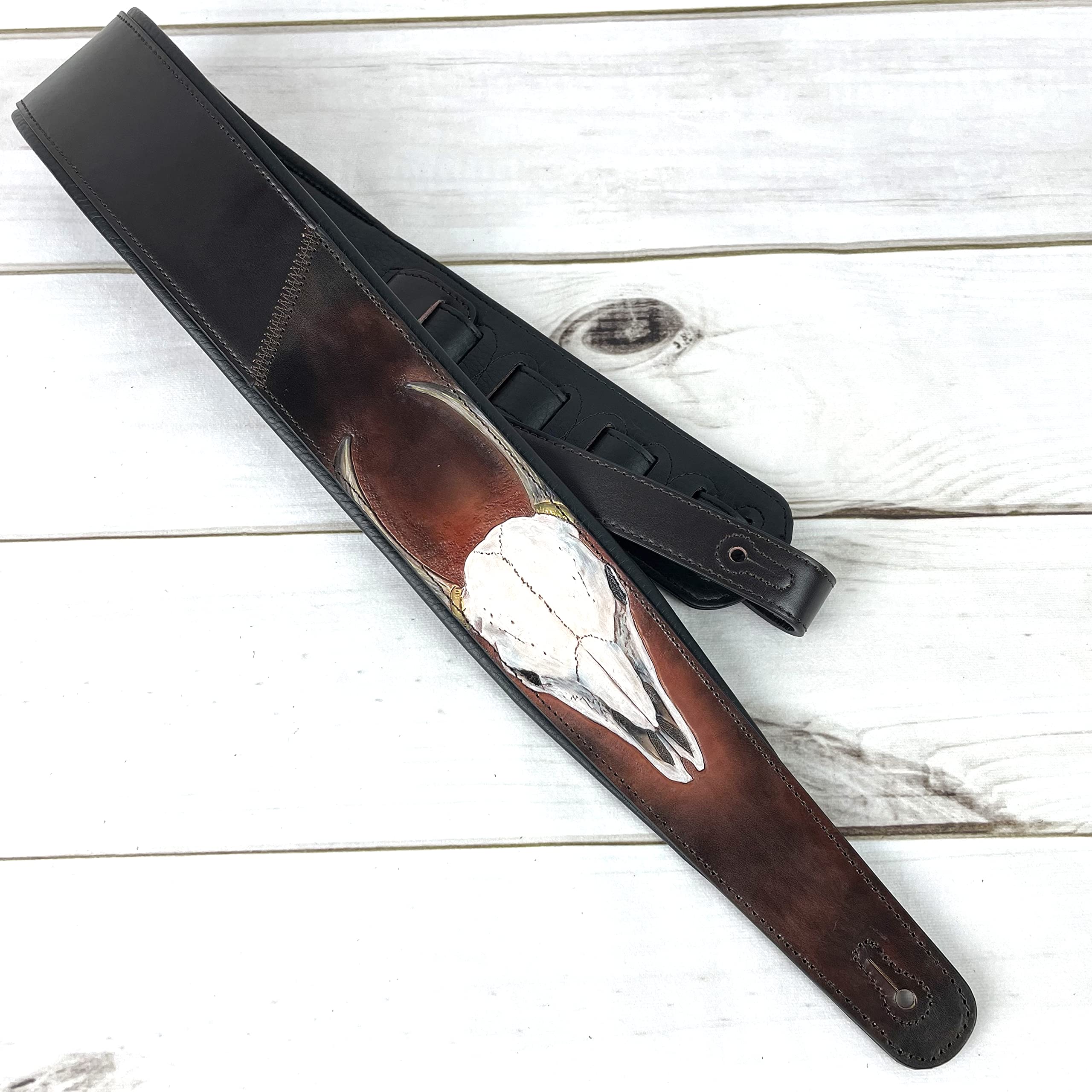 Walker And Williams KB-62 Handmade Carved Longhorn Skull Guitar Strap On Bourbon Brown Leather For Acoustic, Electric, And Bass Guitars - Image 7