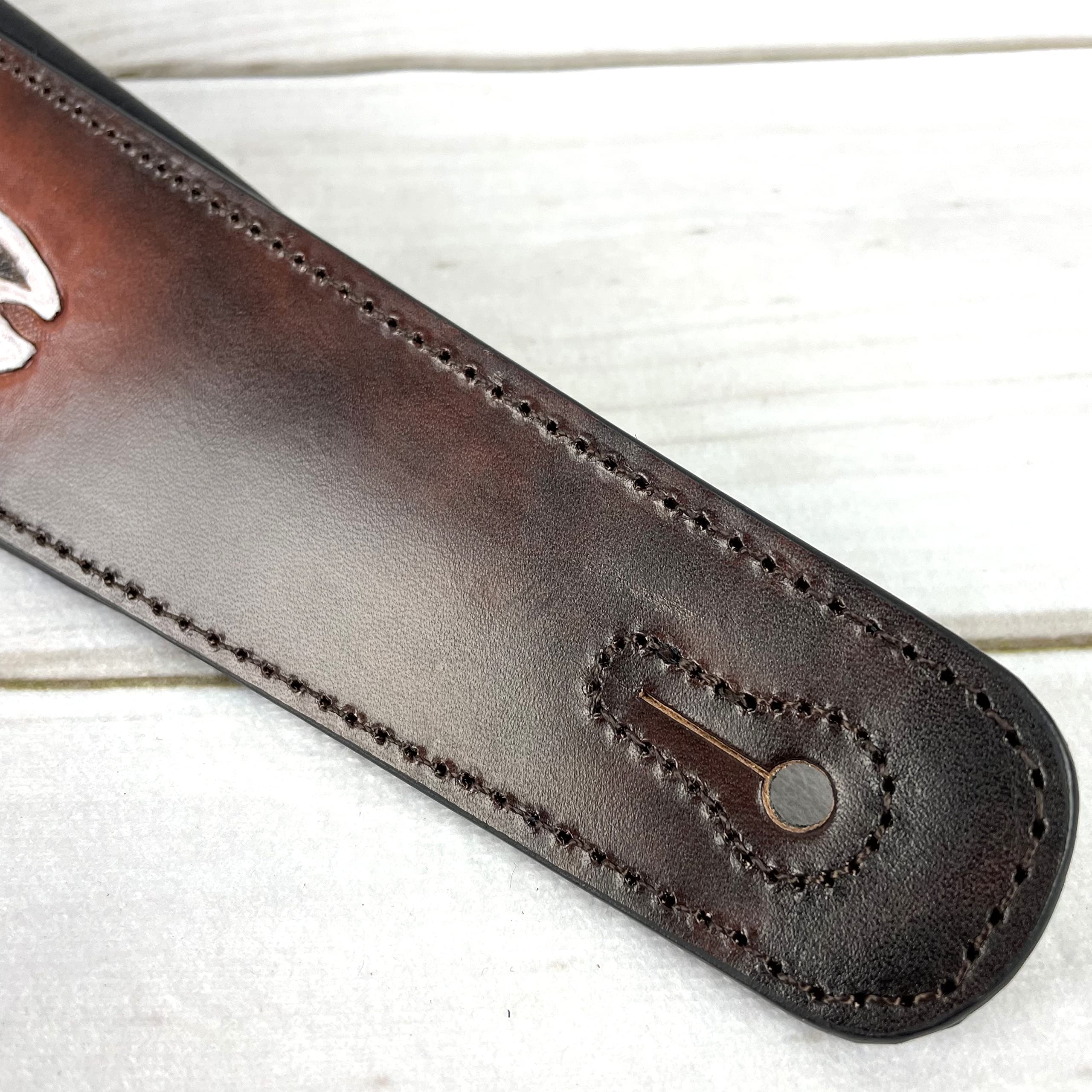 Walker And Williams KB-62 Handmade Carved Longhorn Skull Guitar Strap On Bourbon Brown Leather For Acoustic, Electric, And Bass Guitars - Image 9