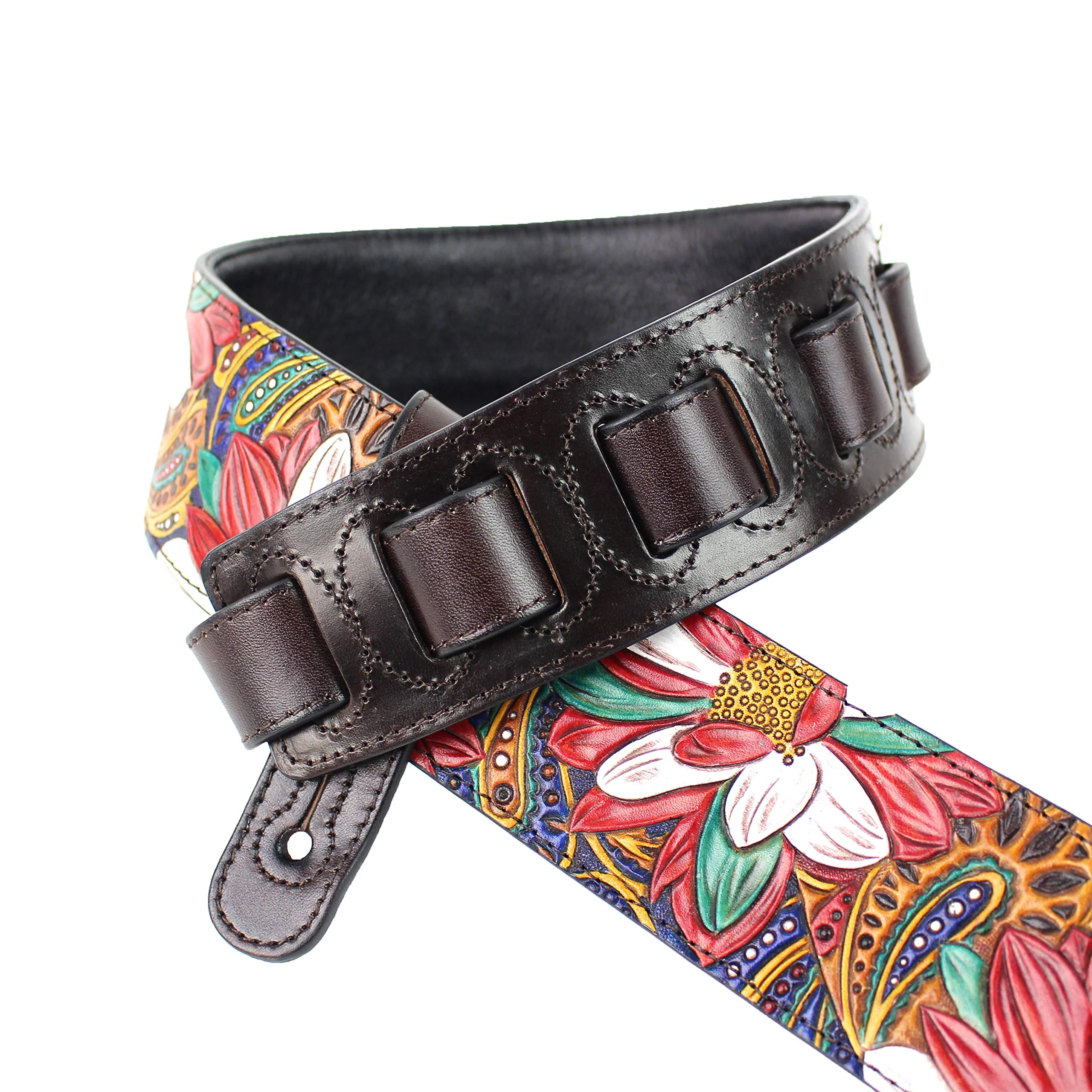 Walker And Williams LHR-20 Handmade Premium Carved Leather Guitar Strap With Carousel Red Paisley Floral Carving And Dark Brown End Caps For Acoustic, Electric, And Bass Guitars - Image 2