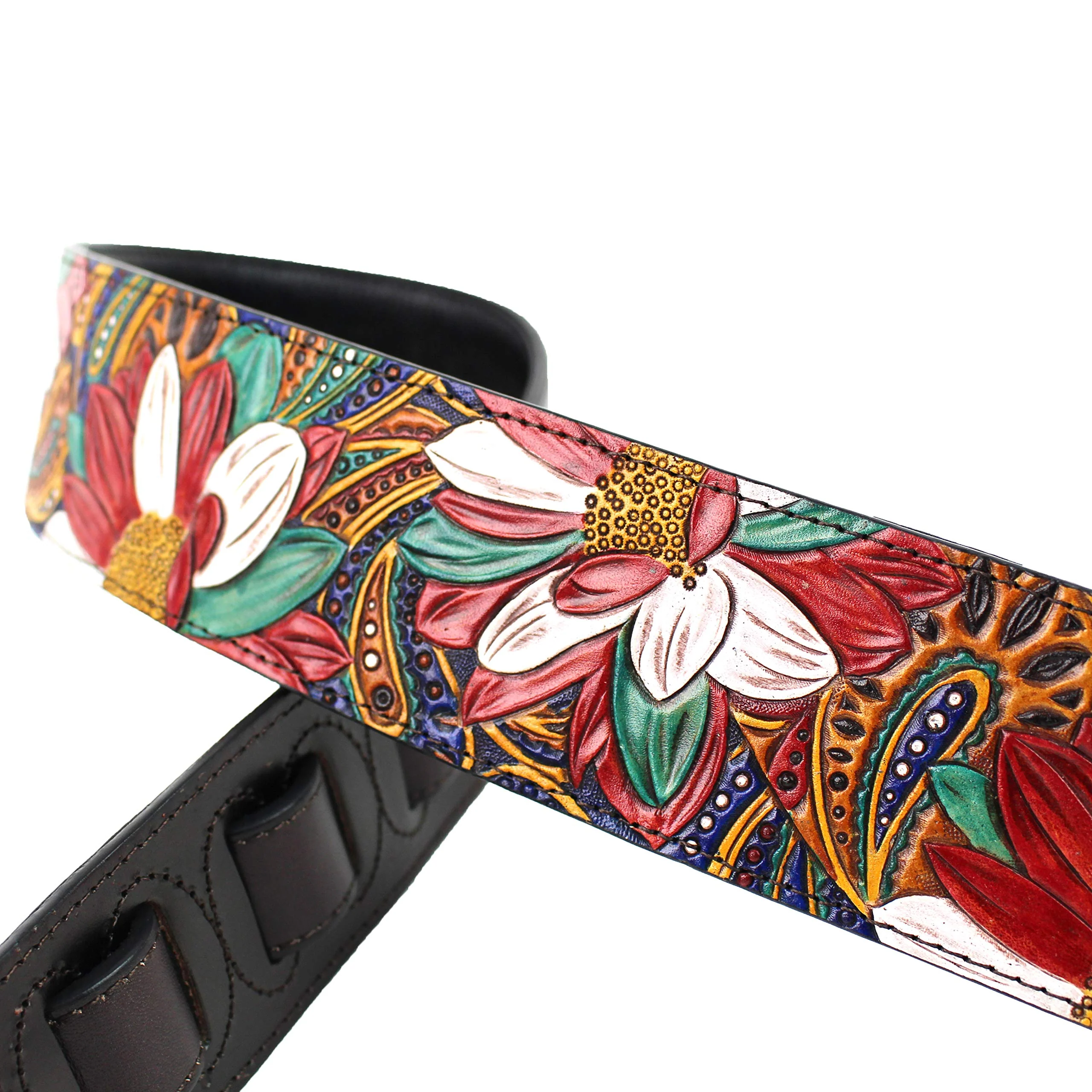 Walker And Williams LHR-20 Handmade Premium Carved Leather Guitar Strap With Carousel Red Paisley Floral Carving And Dark Brown End Caps For Acoustic, Electric, And Bass Guitars - Image 3