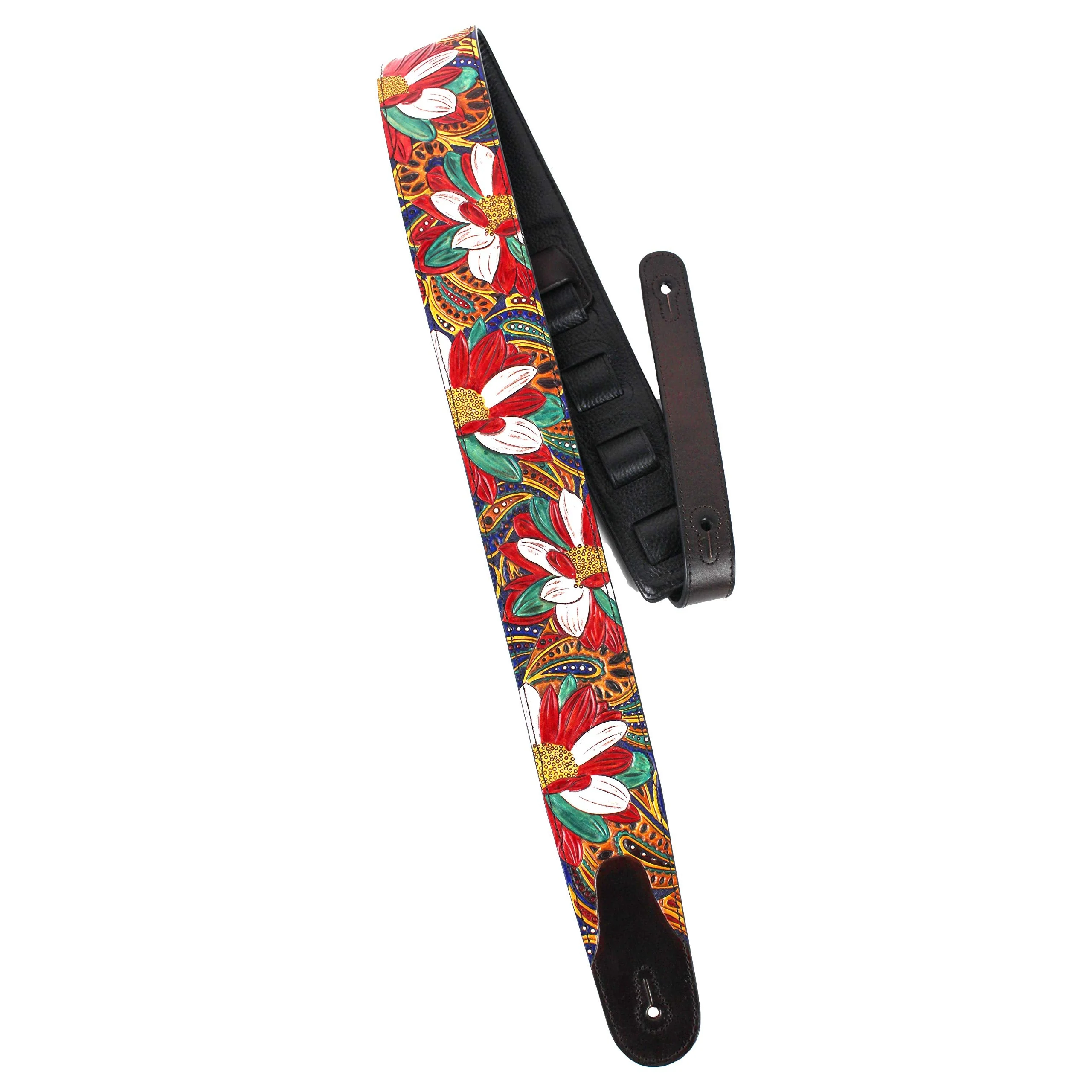 Walker And Williams LHR-20 Handmade Premium Carved Leather Guitar Strap With Carousel Red Paisley Floral Carving And Dark Brown End Caps For Acoustic, Electric, And Bass Guitars - Image 4