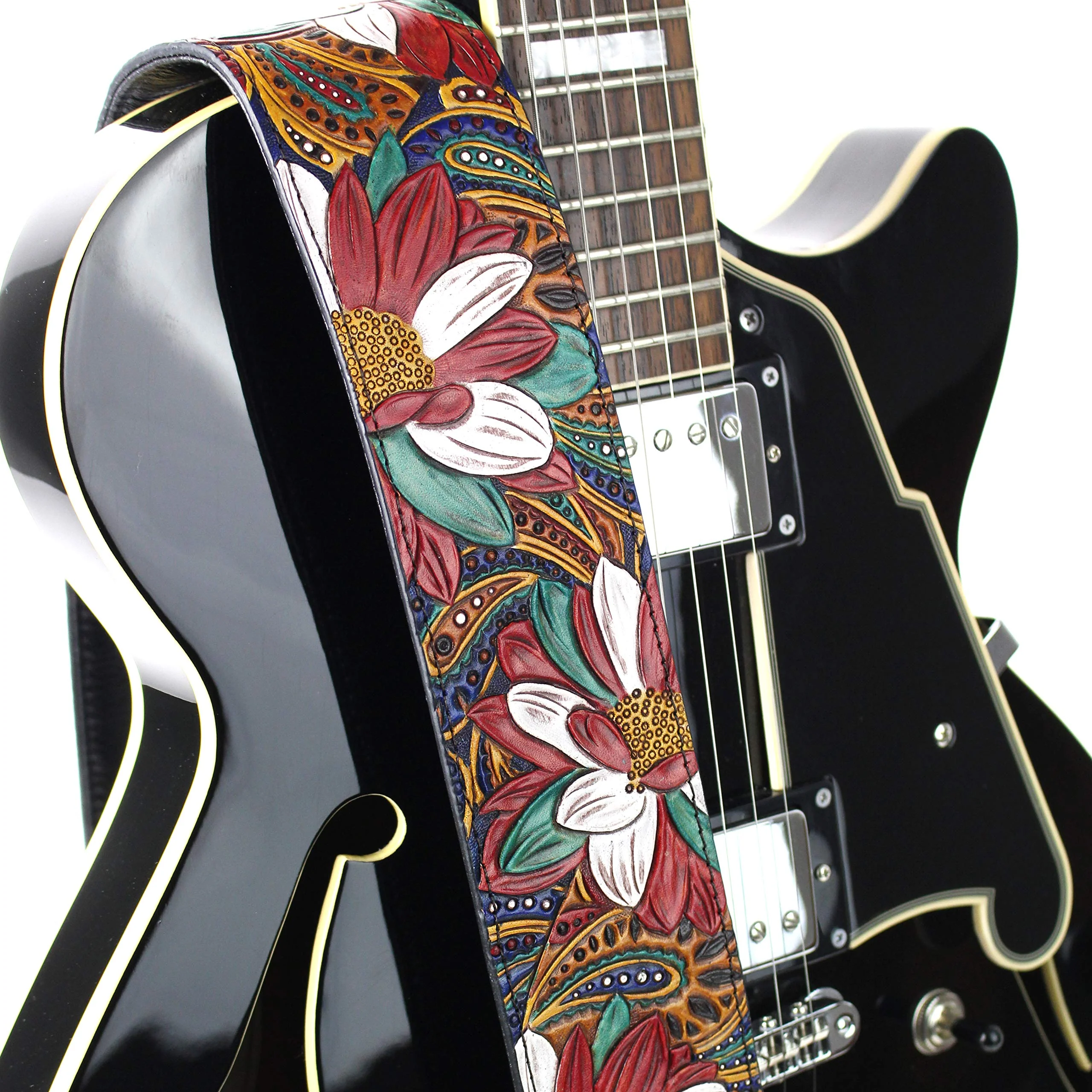 Walker And Williams LHR-20 Handmade Premium Carved Leather Guitar Strap With Carousel Red Paisley Floral Carving And Dark Brown End Caps For Acoustic, Electric, And Bass Guitars - Image 5
