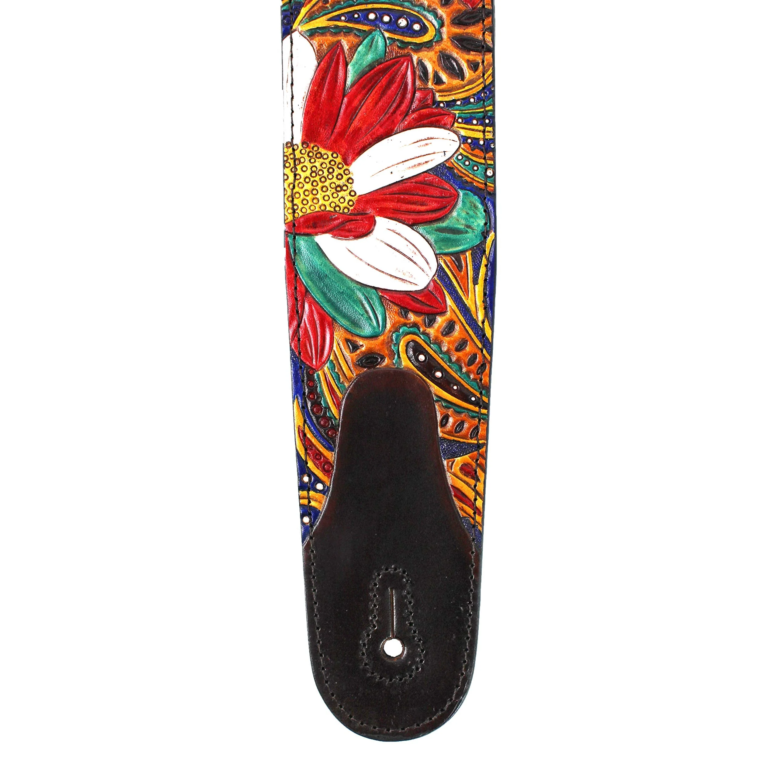 Walker And Williams LHR-20 Handmade Premium Carved Leather Guitar Strap With Carousel Red Paisley Floral Carving And Dark Brown End Caps For Acoustic, Electric, And Bass Guitars - Image 6