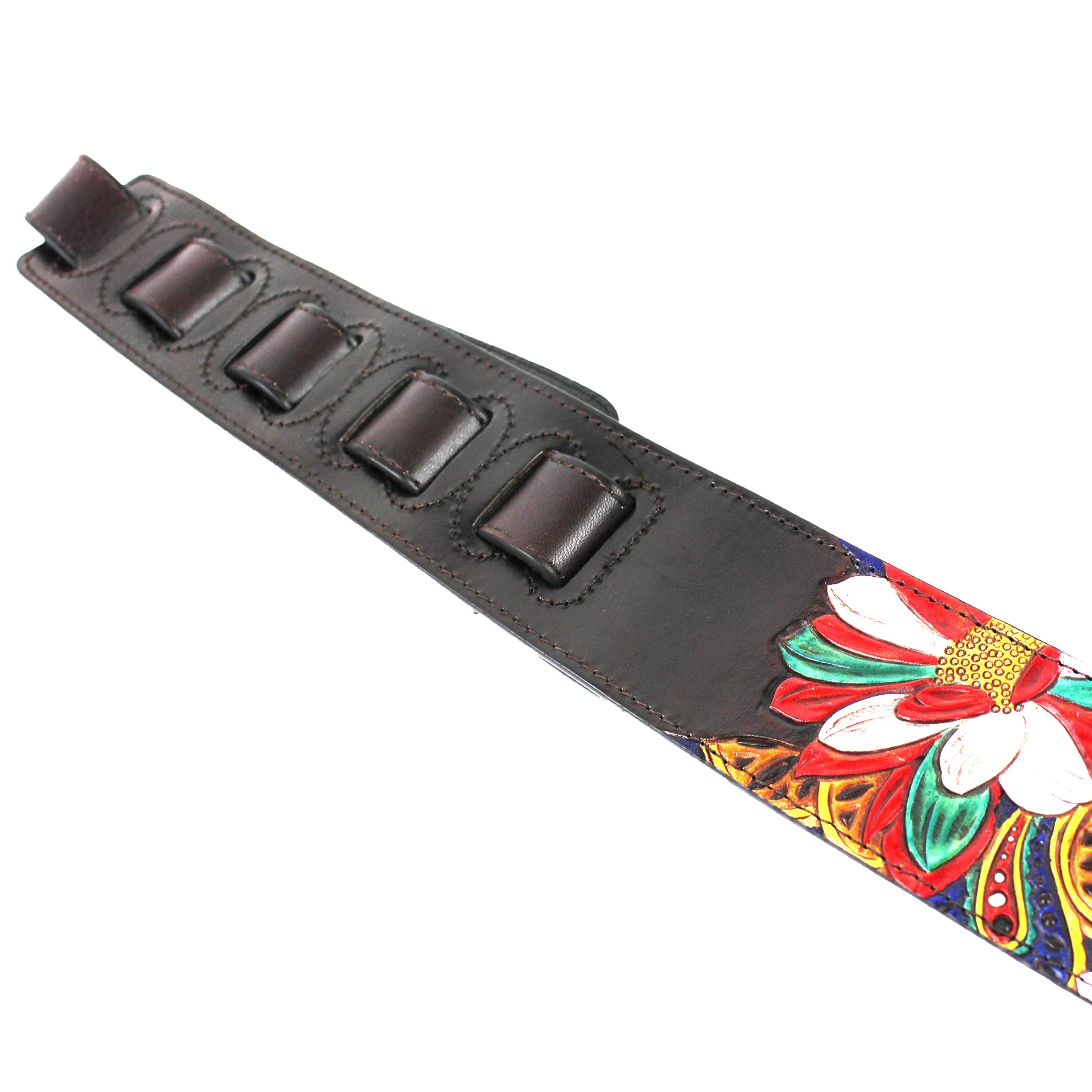 Walker And Williams LHR-20 Handmade Premium Carved Leather Guitar Strap With Carousel Red Paisley Floral Carving And Dark Brown End Caps For Acoustic, Electric, And Bass Guitars - Image 7
