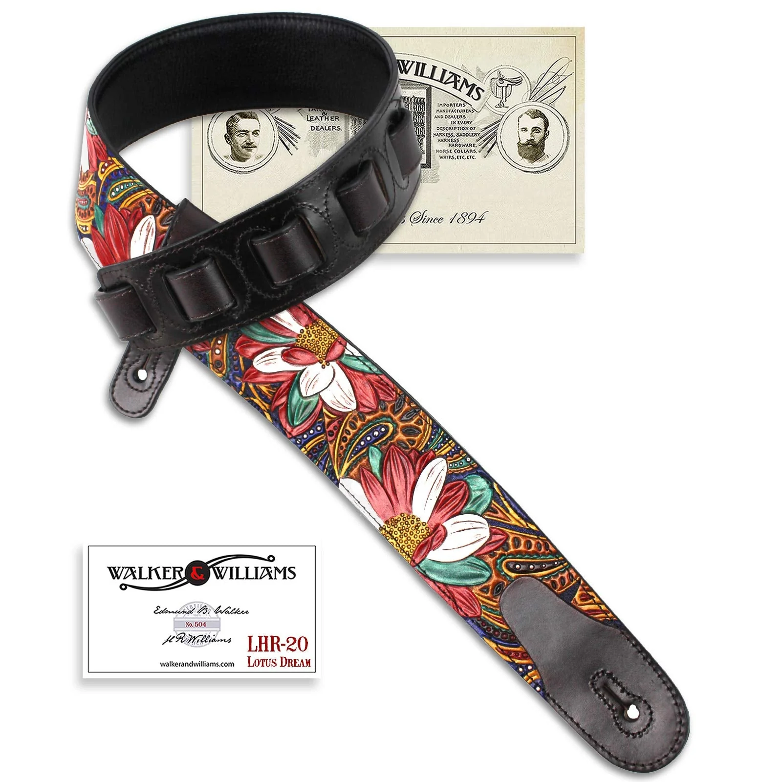 Walker And Williams LHR-20 Handmade Premium Carved Leather Guitar Strap With Carousel Red Paisley Floral Carving And Dark Brown End Caps For Acoustic, Electric, And Bass Guitars - Image 8