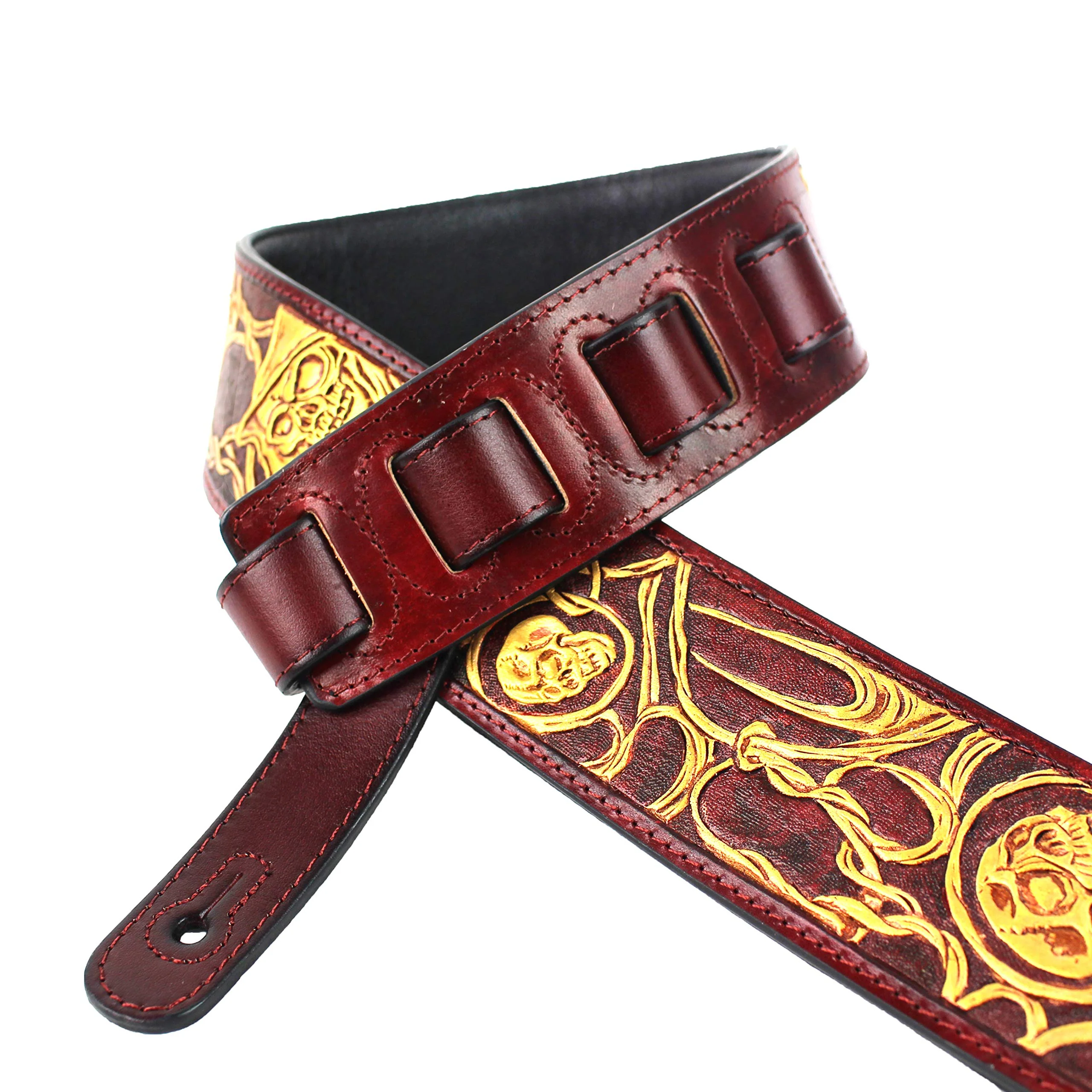Walker And Williams LHR-45 Handmade Blood Red Premium Carving Leather Guitar Strap With Bright Gold Barbed Skull Carving And Padded Leather Back For Acoustic, Electric, And Bass Guitars - Image 2