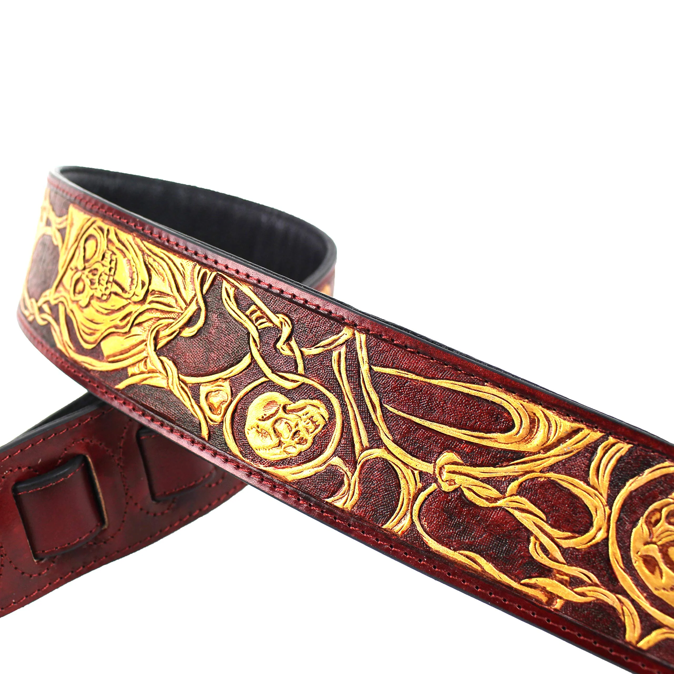 Walker And Williams LHR-45 Handmade Blood Red Premium Carving Leather Guitar Strap With Bright Gold Barbed Skull Carving And Padded Leather Back For Acoustic, Electric, And Bass Guitars - Image 3