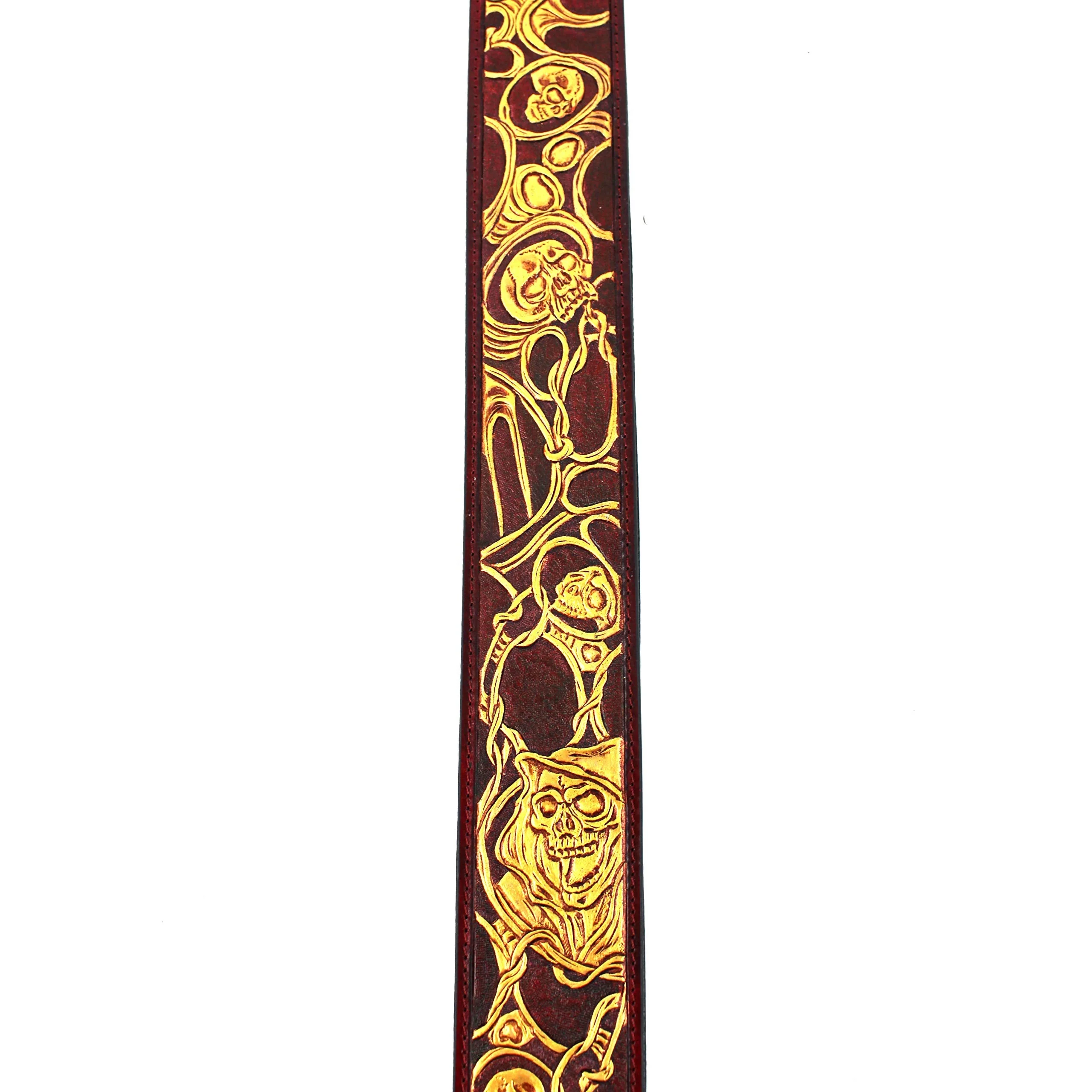 Walker And Williams LHR-45 Handmade Blood Red Premium Carving Leather Guitar Strap With Bright Gold Barbed Skull Carving And Padded Leather Back For Acoustic, Electric, And Bass Guitars - Image 4