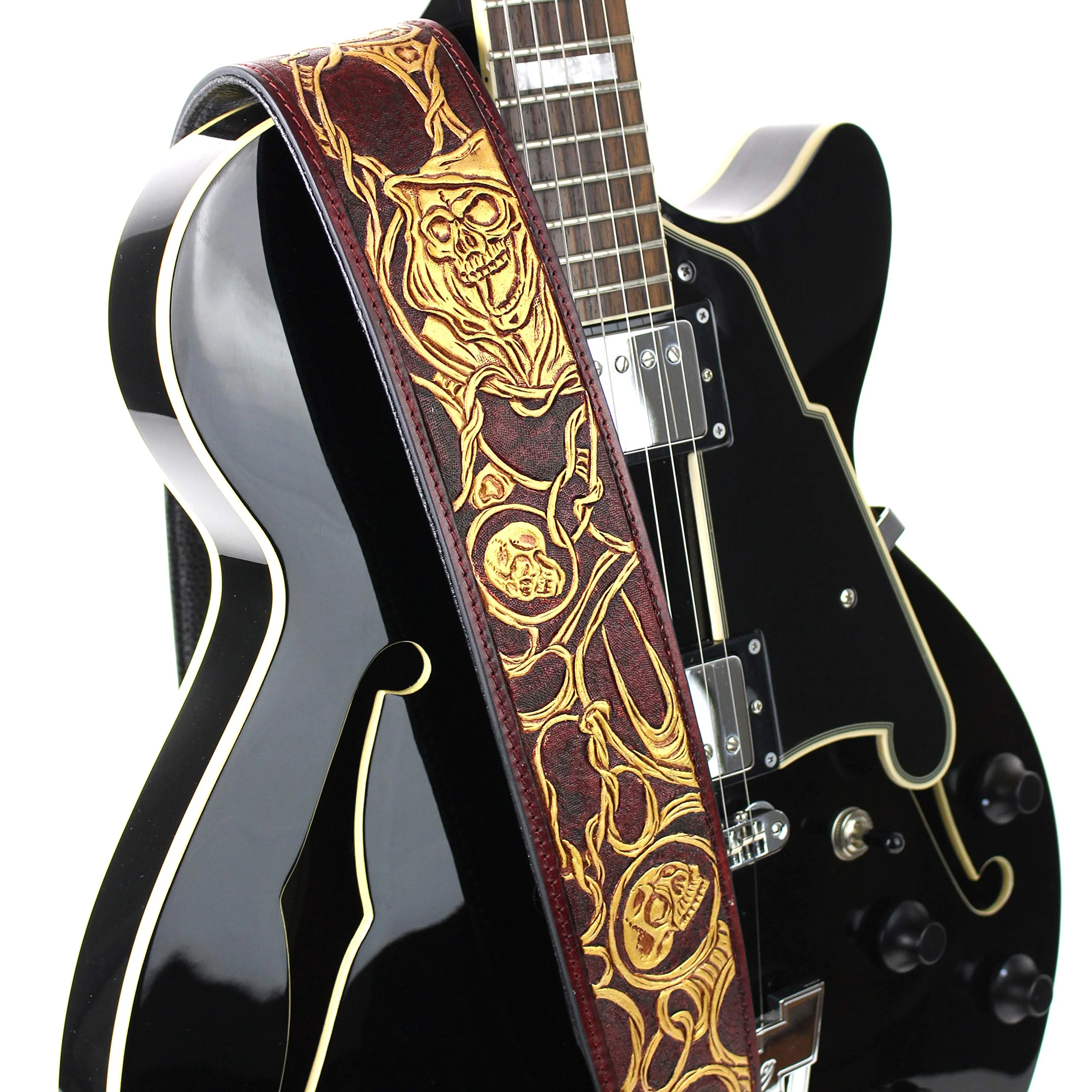 Walker And Williams LHR-45 Handmade Blood Red Premium Carving Leather Guitar Strap With Bright Gold Barbed Skull Carving And Padded Leather Back For Acoustic, Electric, And Bass Guitars - Image 5